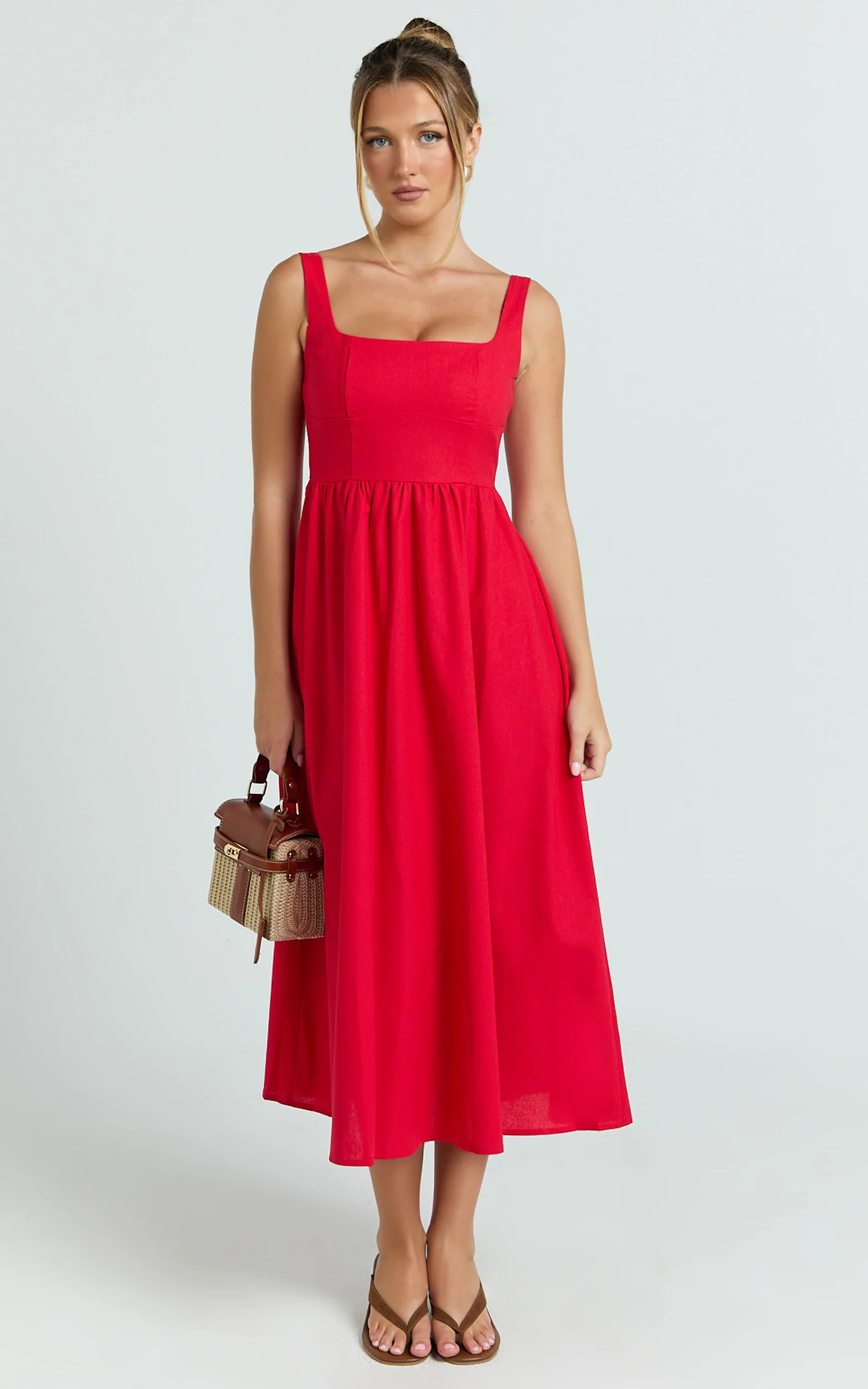 Khari Midi Dress - Linen Look Square A Line Dress in Red