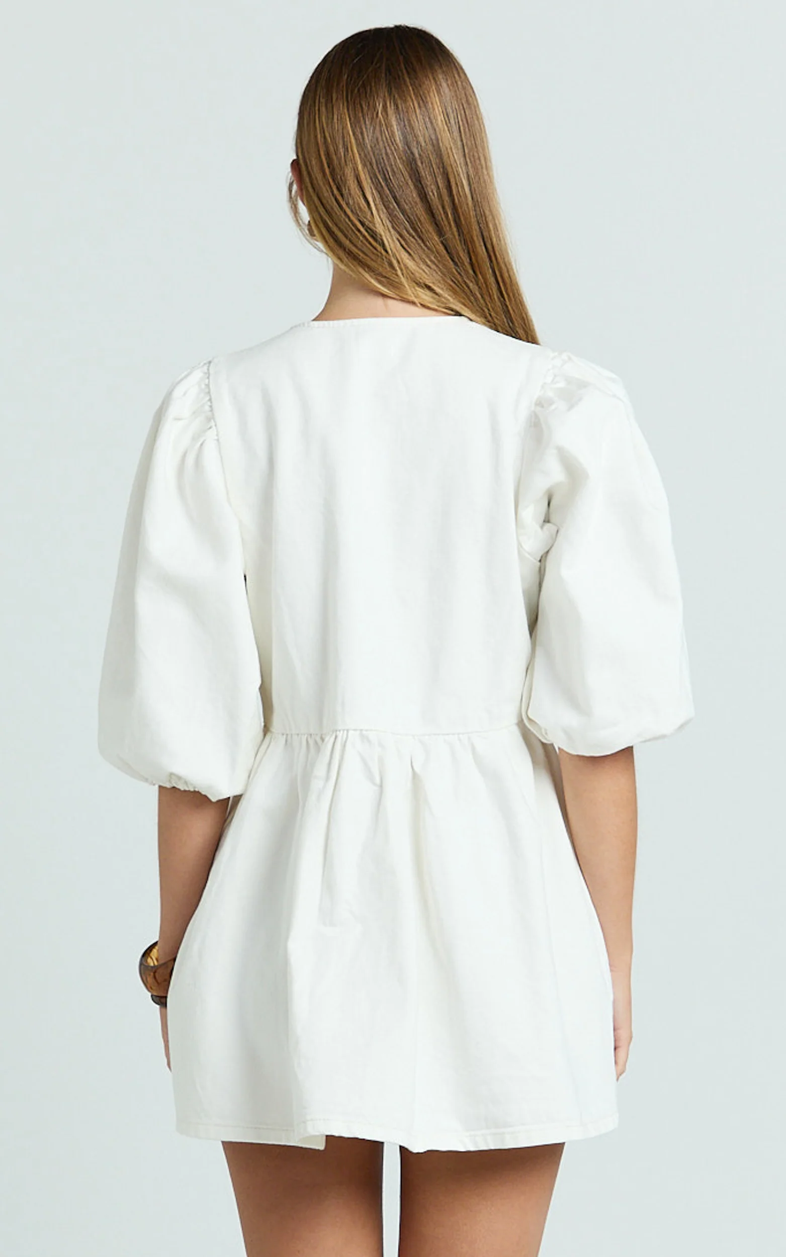 Shailene Mini Dress - Tie Front Puff Sleeve Recycled Denim Dress in Ecru