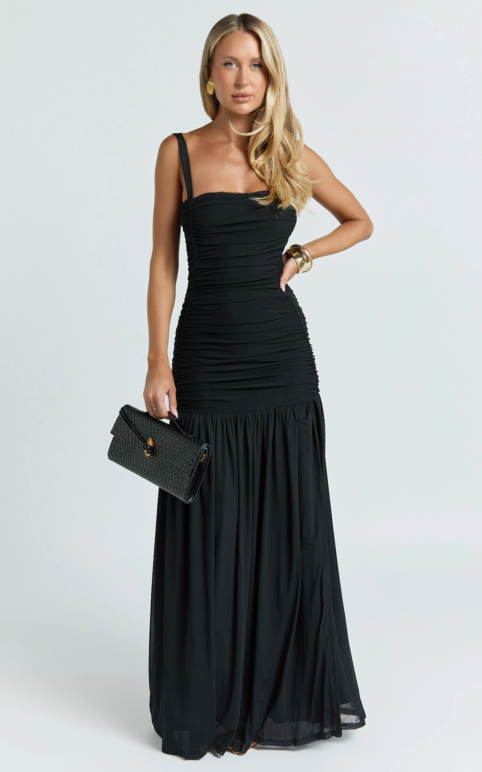Cardi Maxi Dress - Ruched Mesh High Leg Split Dress in Black