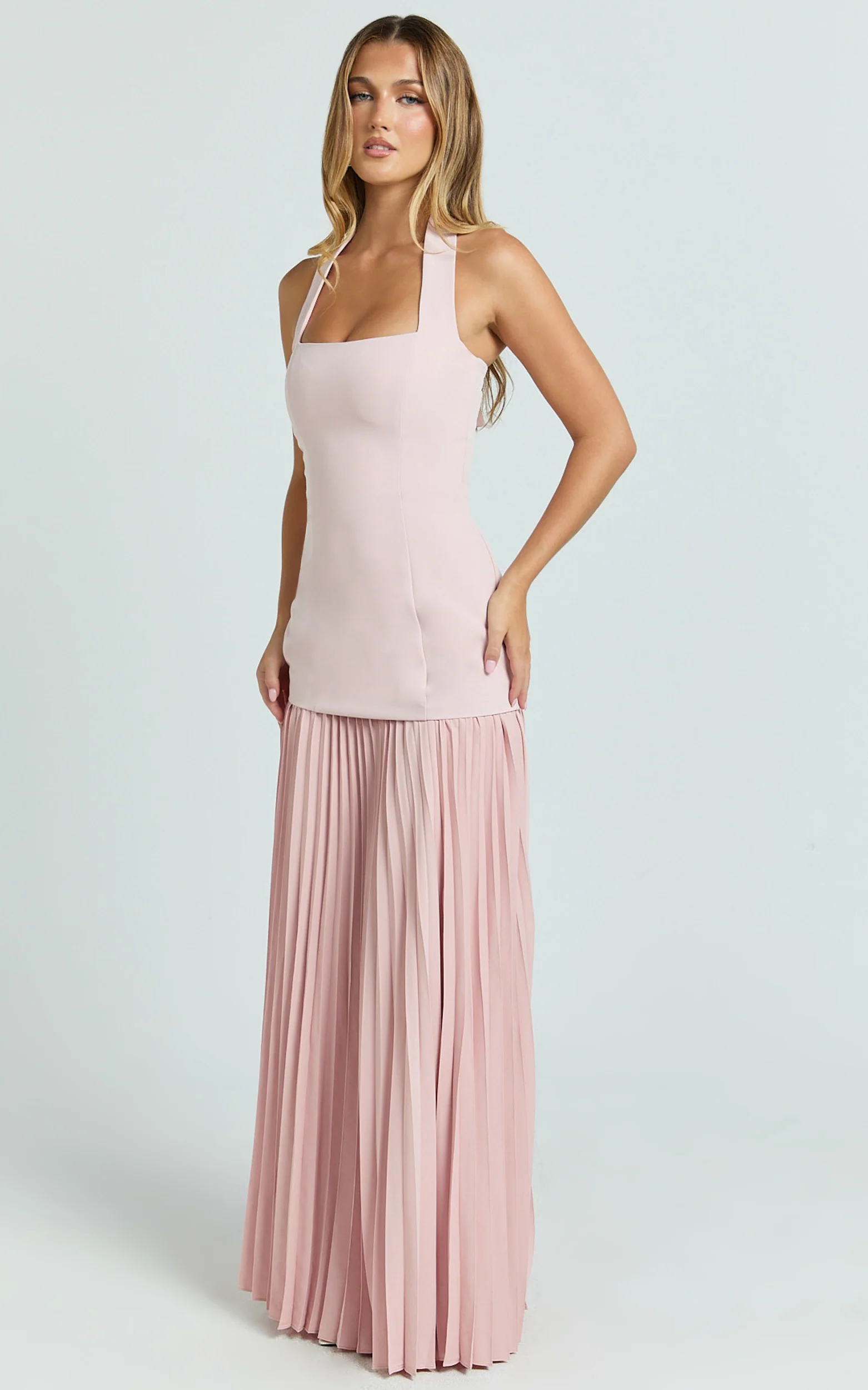 Loretta Maxi Dress - Contrast Halter Neck Pleated Dress in Pink