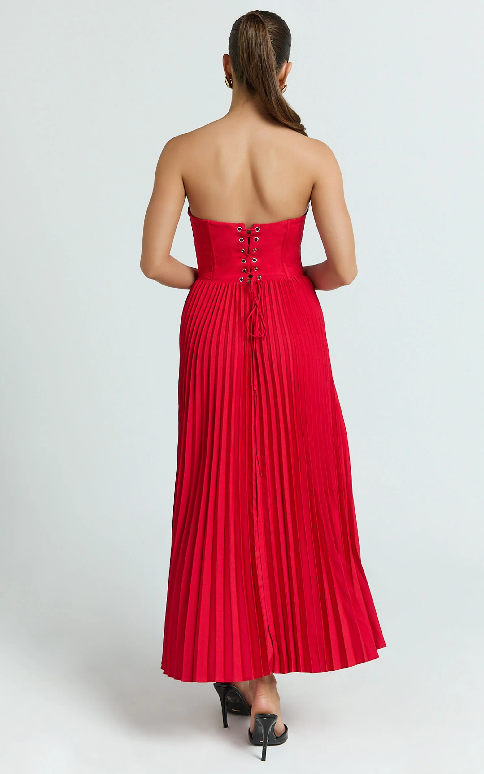 Loretta Midi Dress - Lace Up Back Bustier Pleated Dress in Red