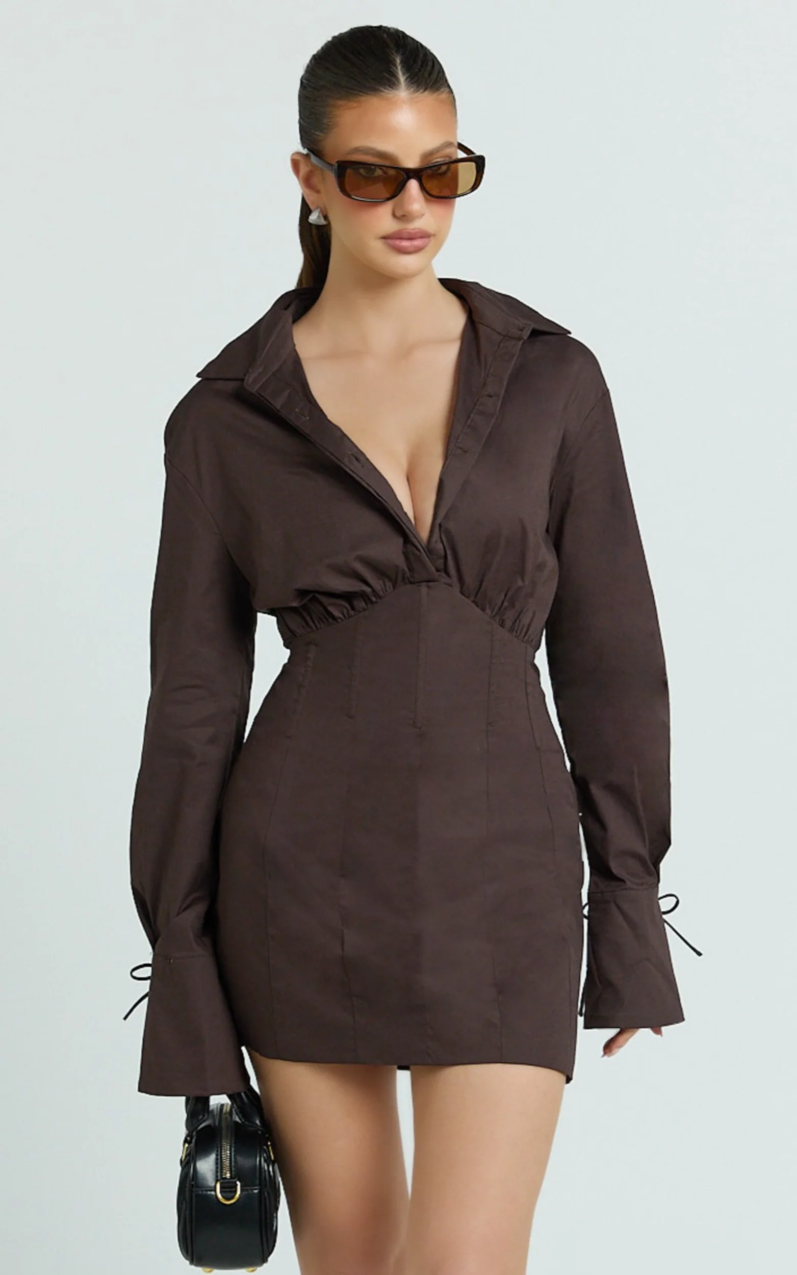 Gino Mini Dress - Collared Button Down Corset Waist Shirt Dress in Chocolate