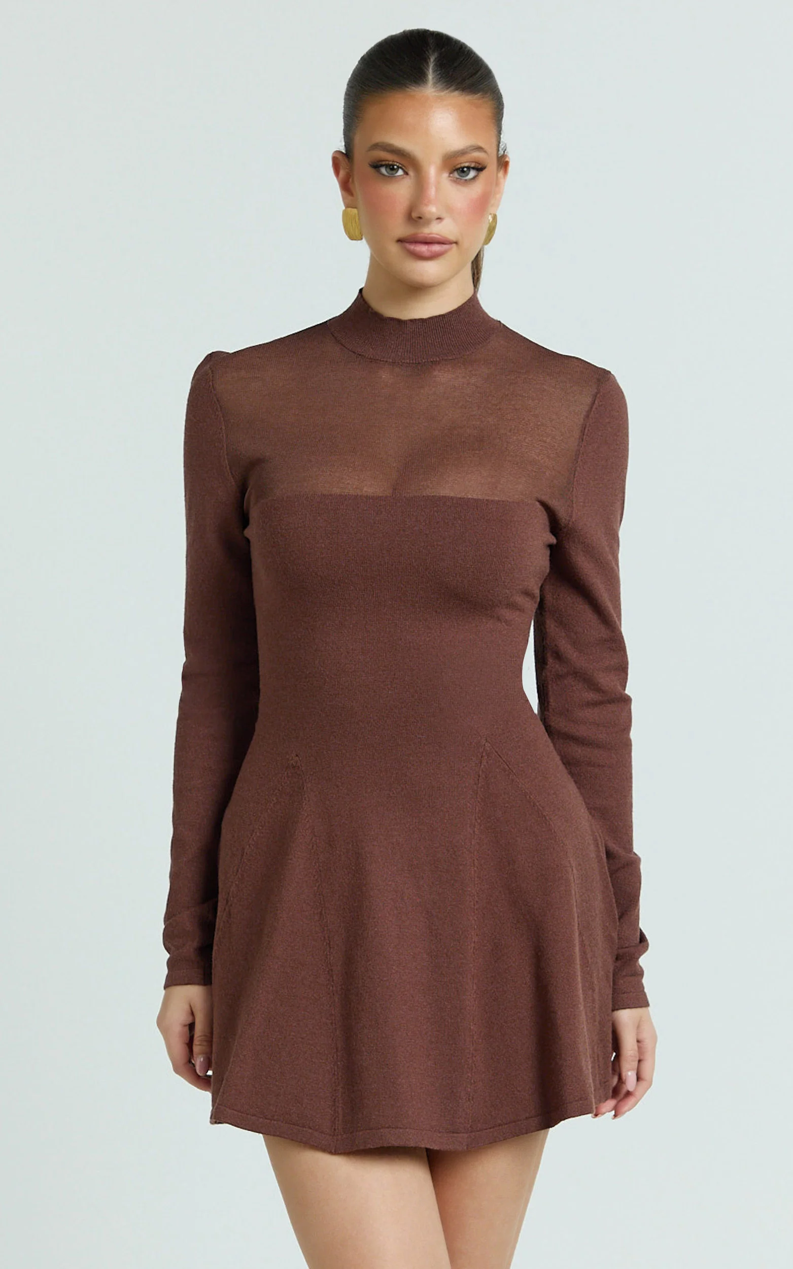 Camilla Mini Dress - Turtle Neck Fit And Flare Sheer Contrast Knit Dress in Chocolate