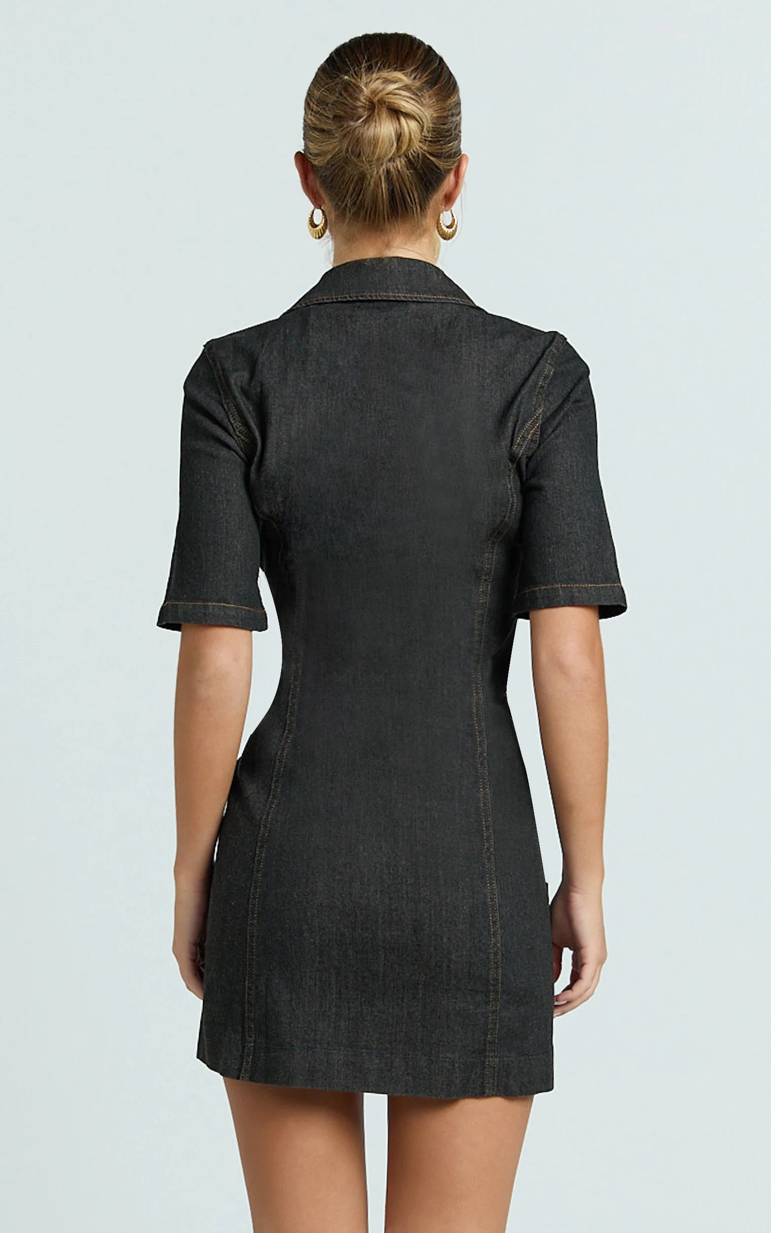 Tessie Mini Dress - Zip Front Collared Denim Mini Dress in Black