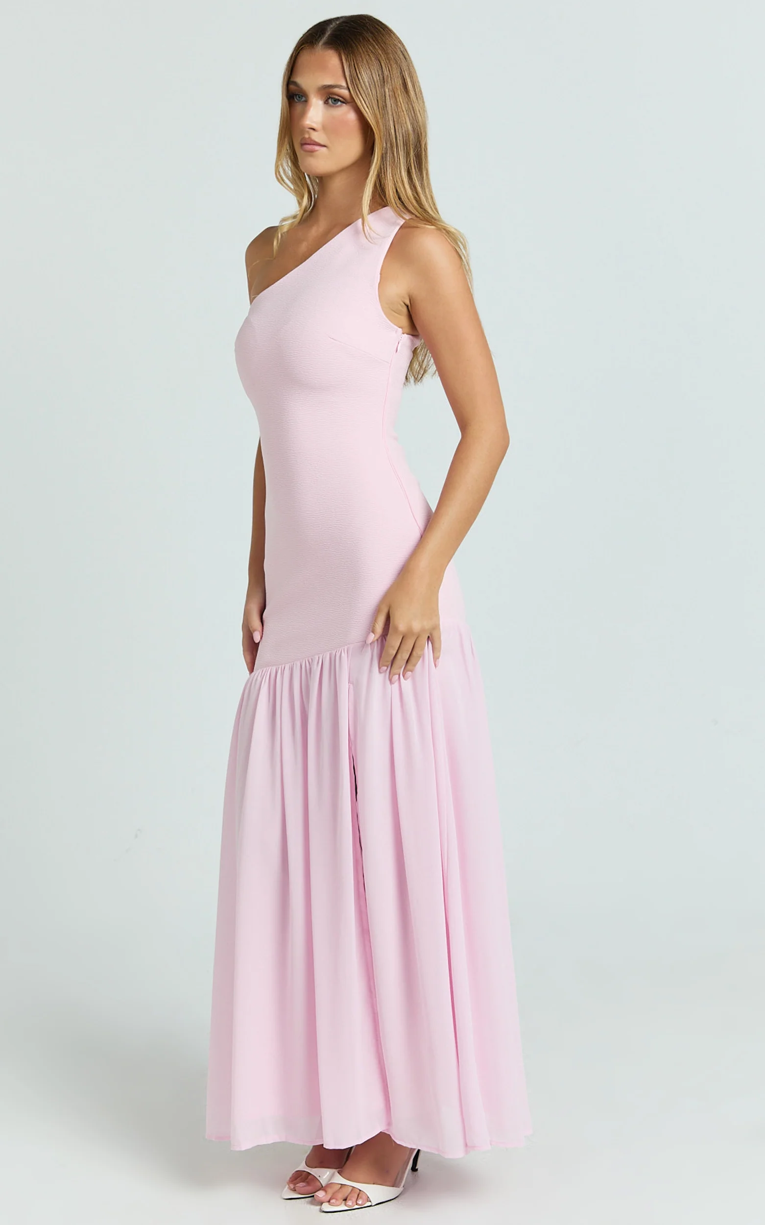 Zia Maxi Dress - One Shoulder Sheer Skirt Dress in Pink