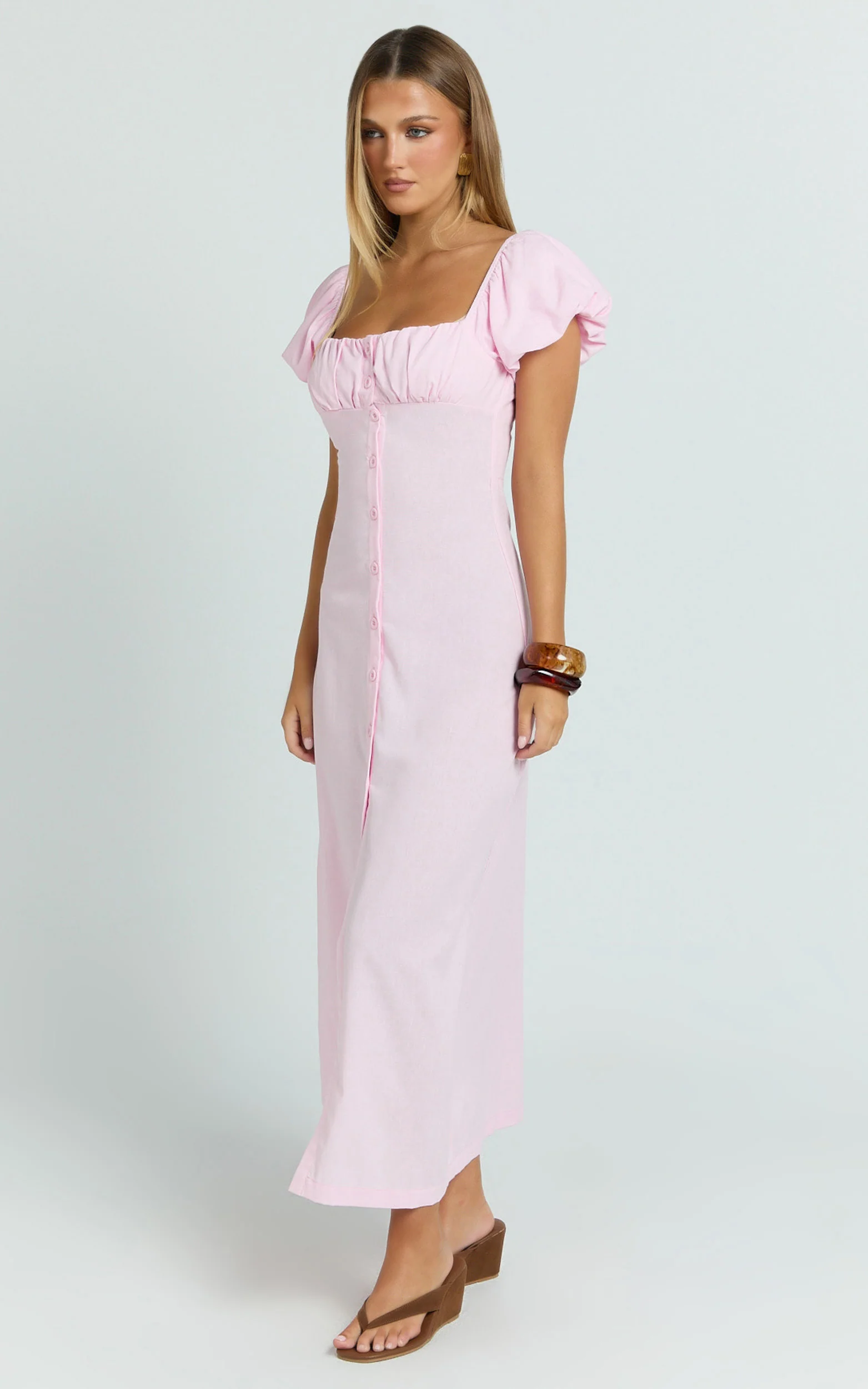 Welmina Midi Dress - Short Sleeve Placket Front Dress in Pale Pink