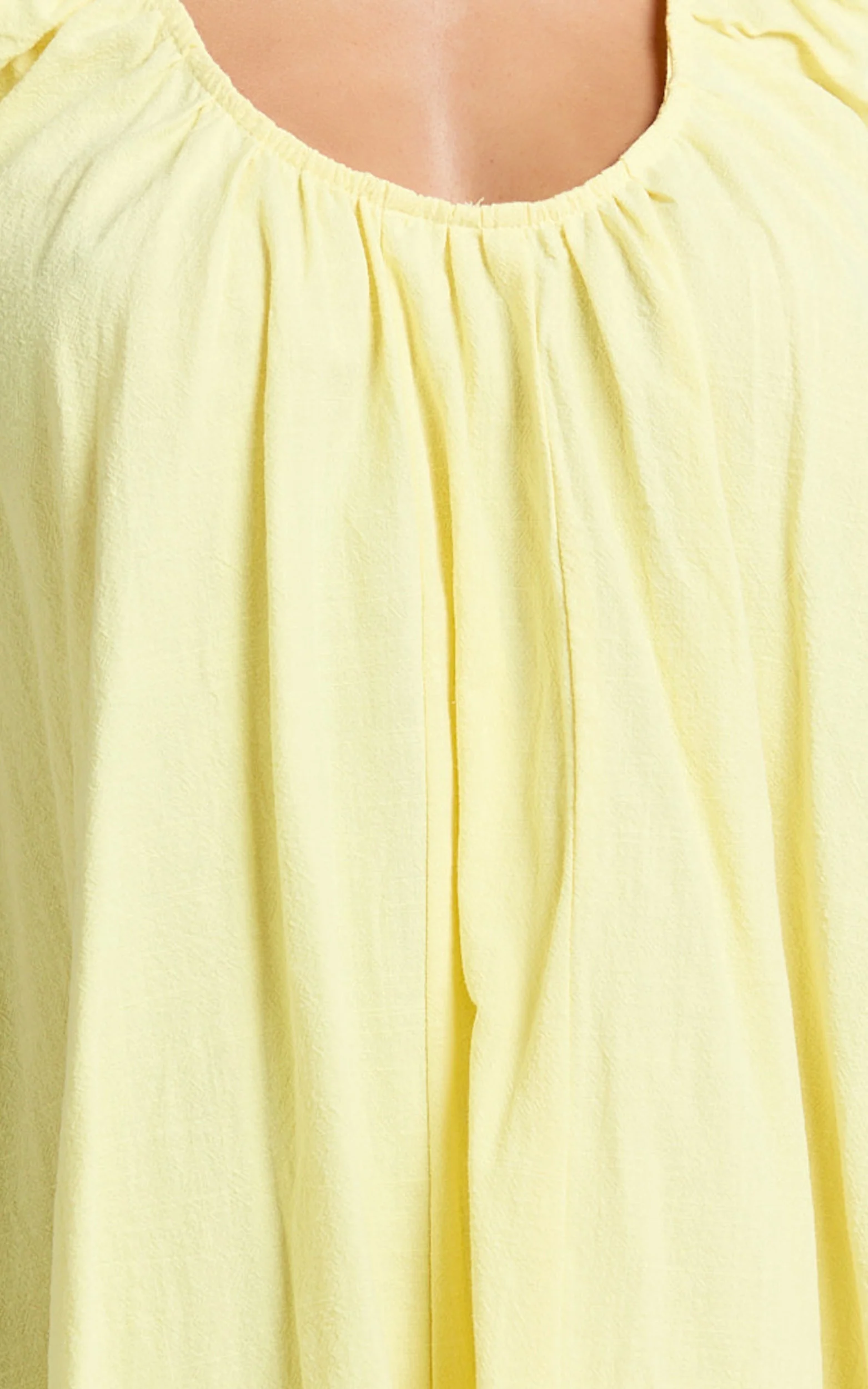 Lucinda Mini Dress - Deep U Gathered Neck Smock Dress in Lemon