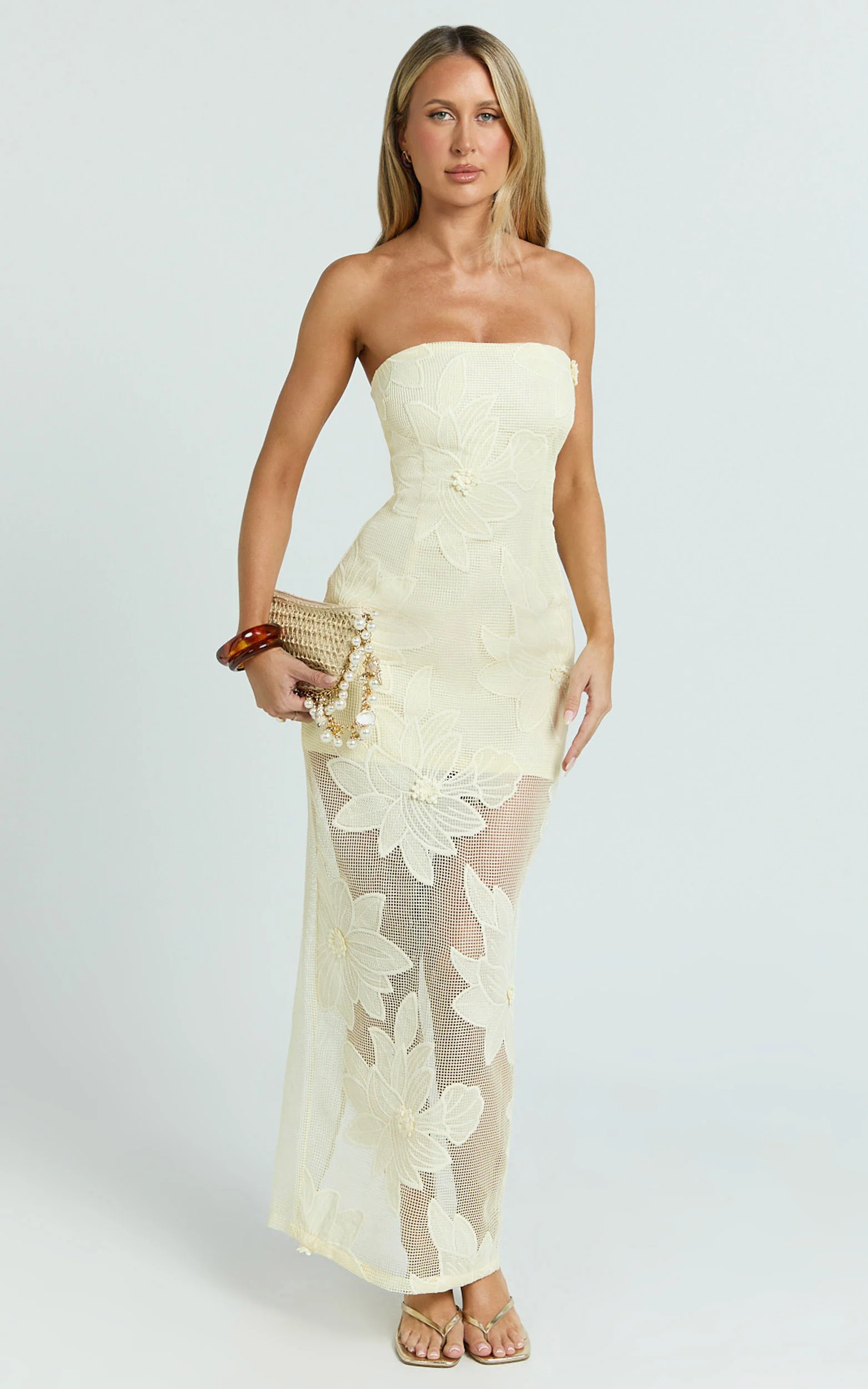 Sienna Midi Dress - Strapless Floral Embroidered Bodycon Dress in Lemon