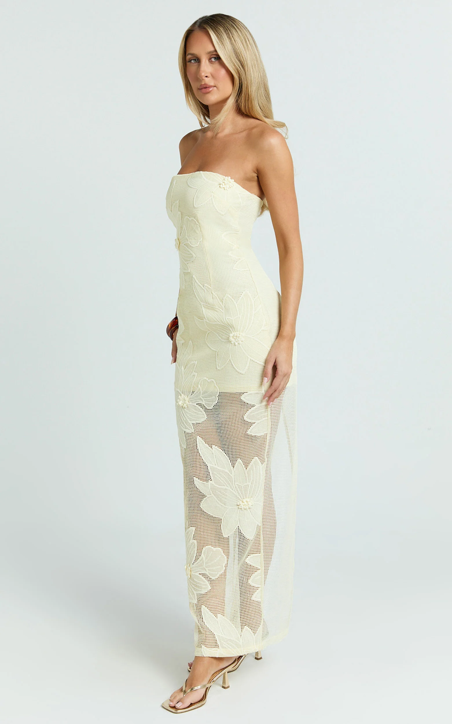 Sienna Midi Dress - Strapless Floral Embroidered Bodycon Dress in Lemon