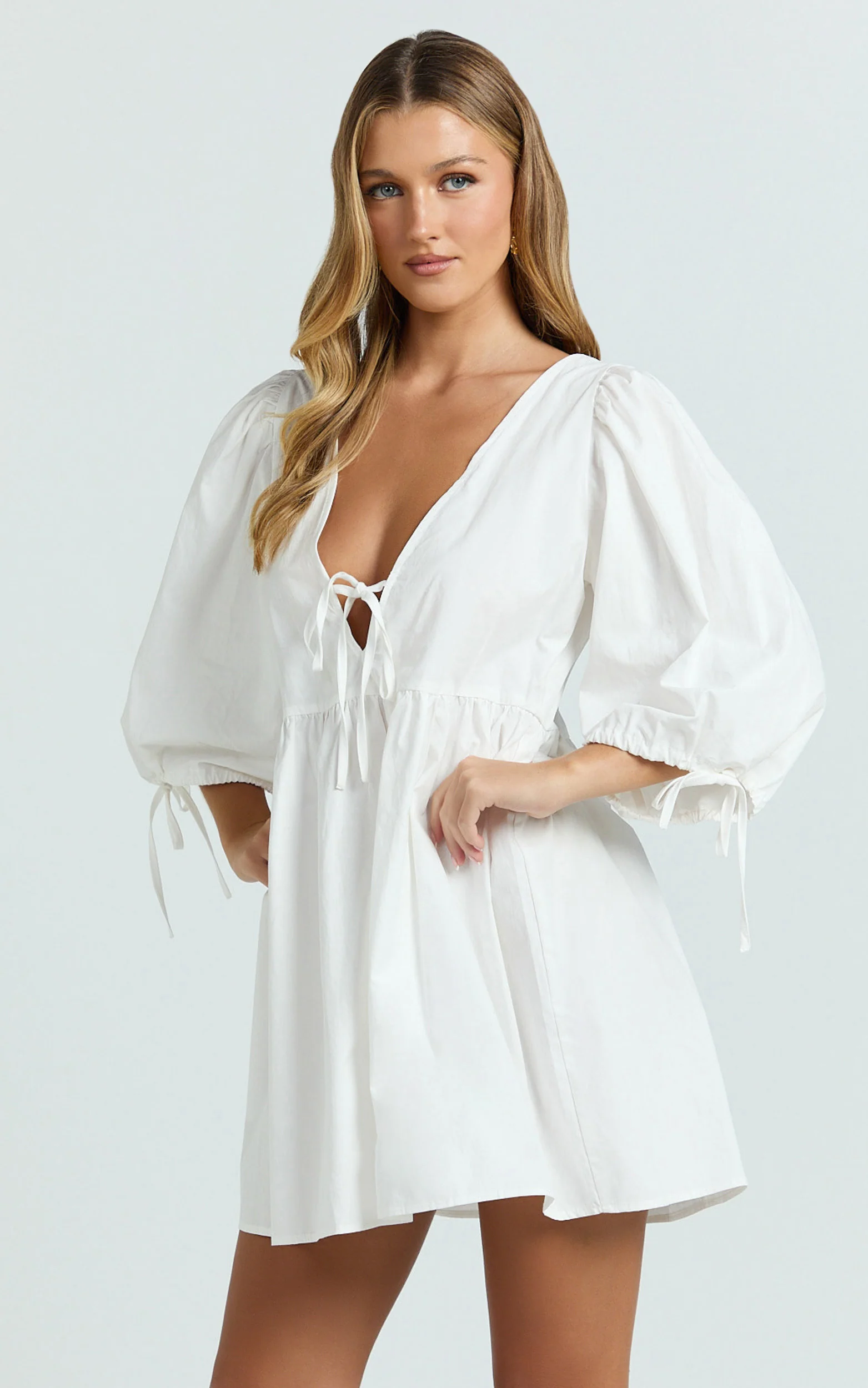 Rosita Mini Dress - Tie Front Puff Sleeve Dress in White