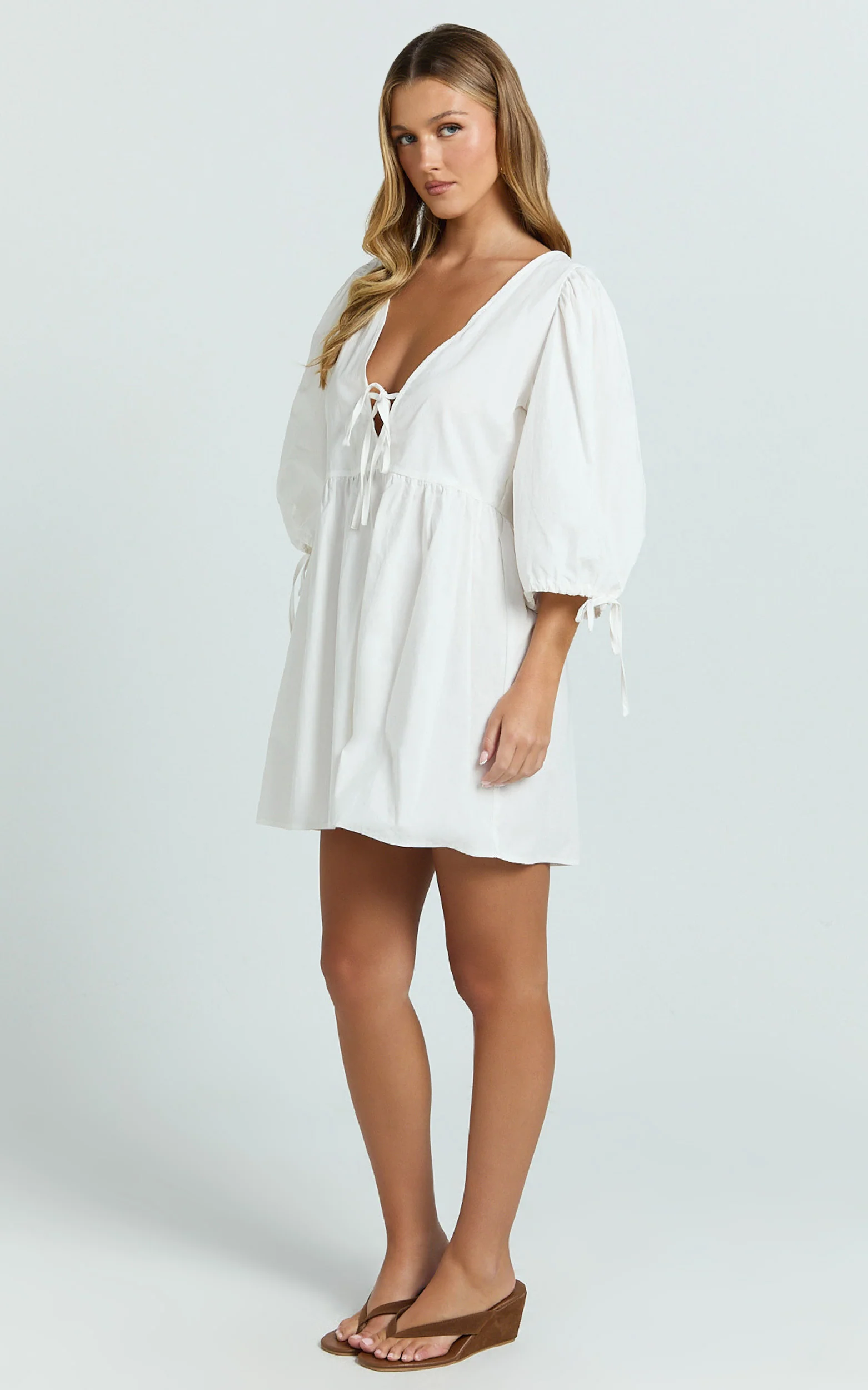 Rosita Mini Dress - Tie Front Puff Sleeve Dress in White