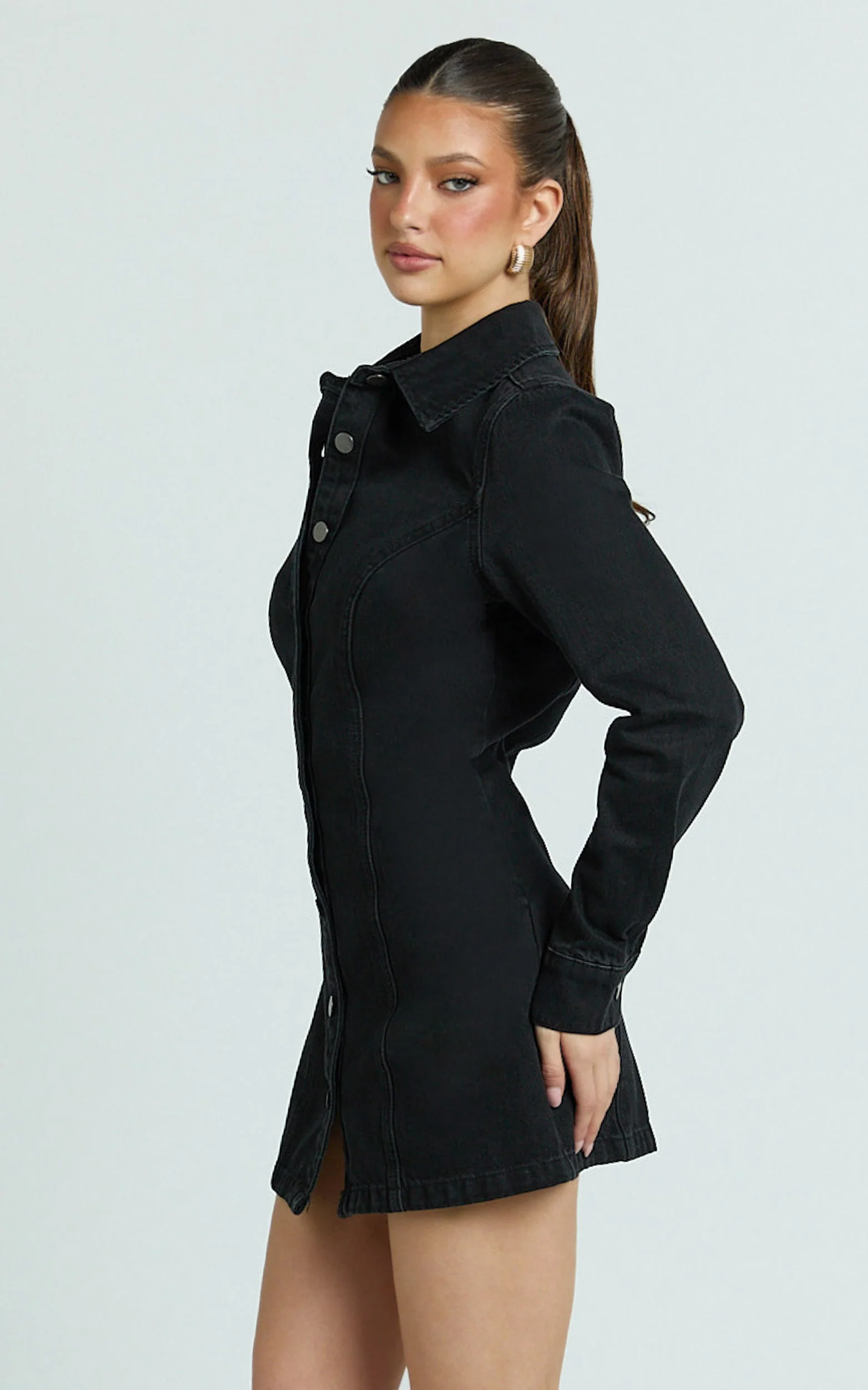 Shawn Mini Dress - Long Sleeve Button Down Denim Shirt Dress in Black