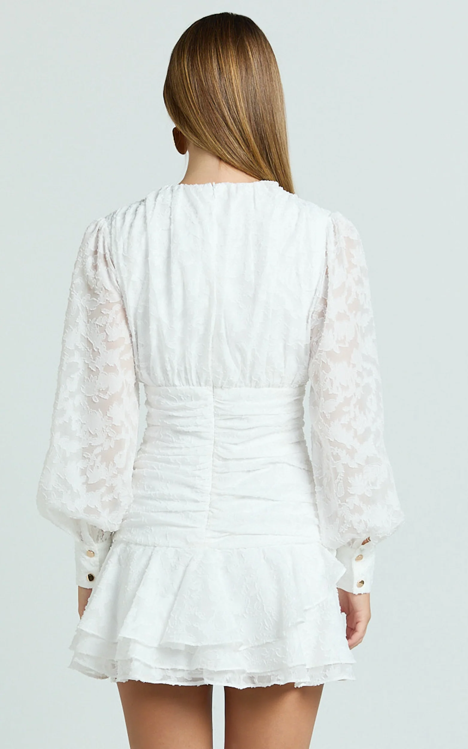 Bijou Mini Dress - Embroidery Long Sleeve Dress in White
