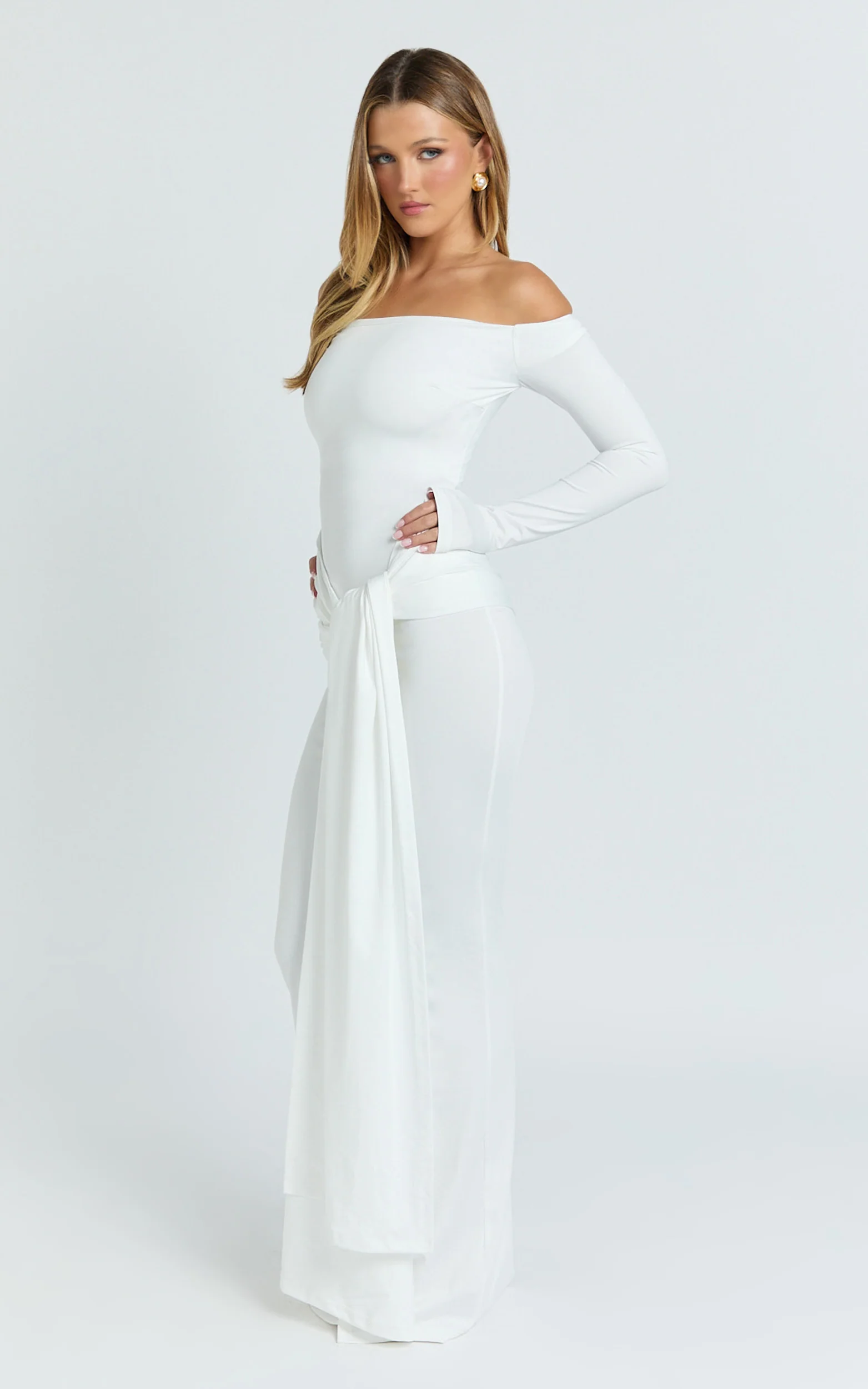 Judith Maxi Dress - Boat Neck Backless Tie Front Long Sleeve Jersey Dress in Cream