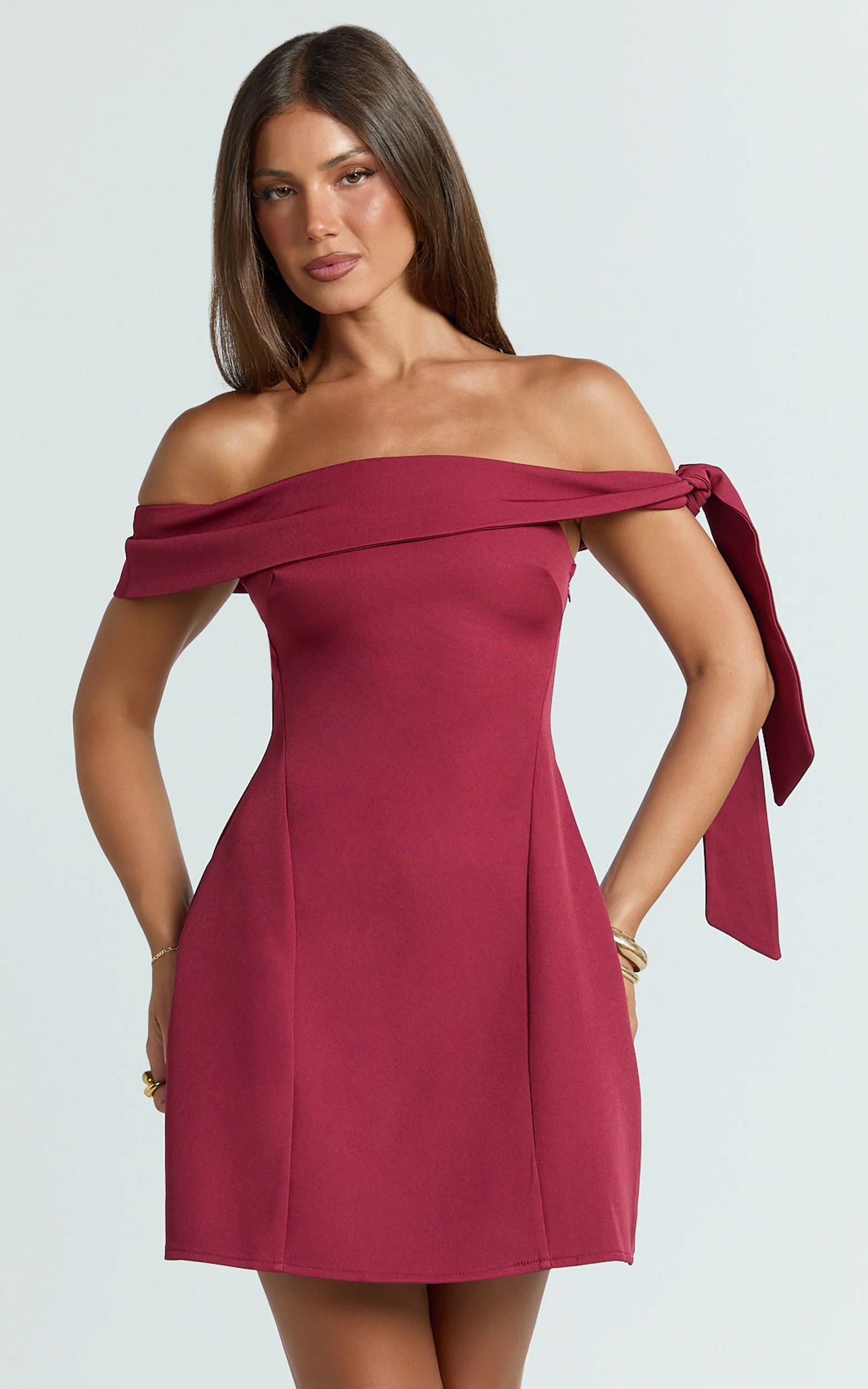 Cecilia Mini Dress - Off Shoulder Tie Detail Dress in Wine