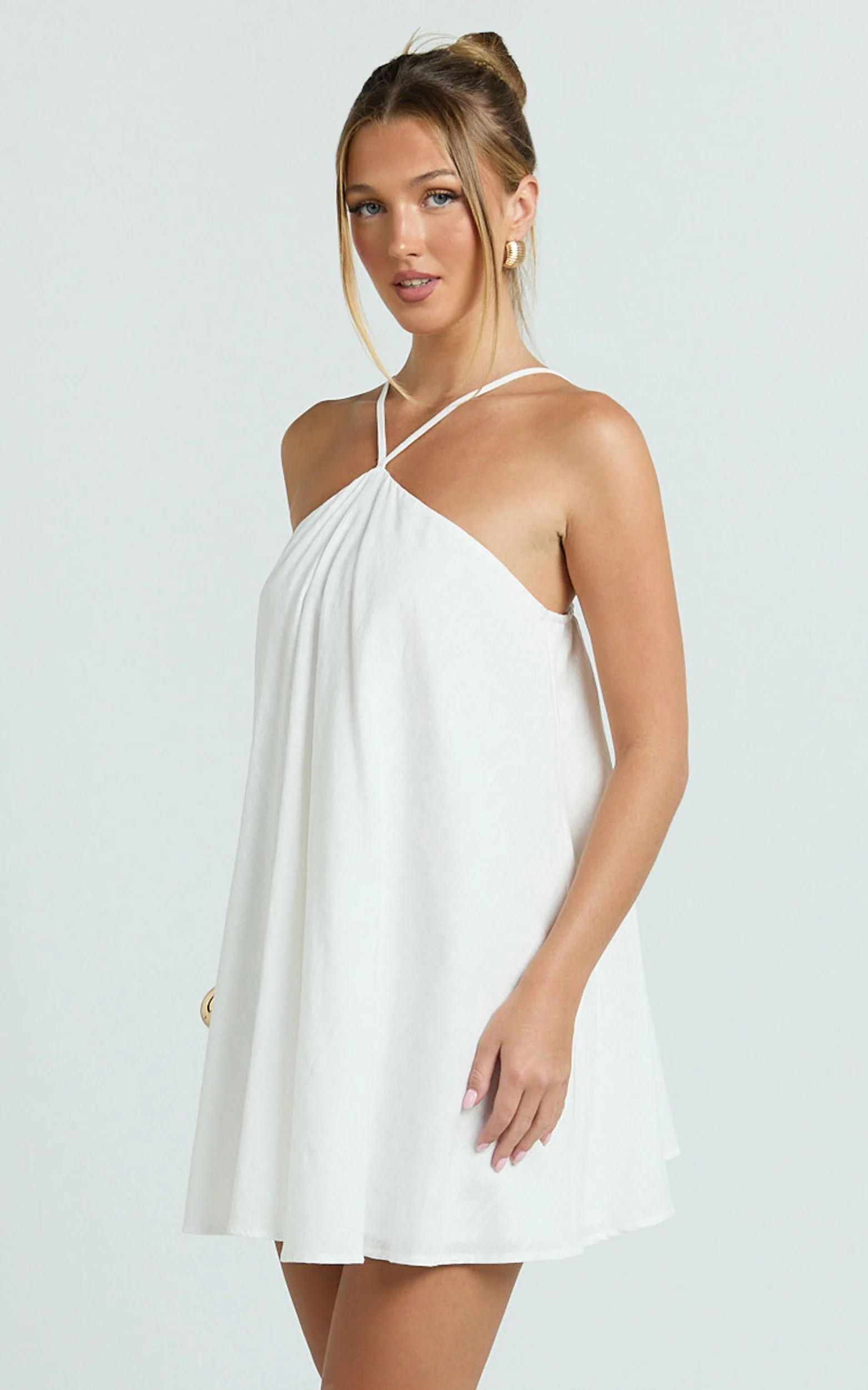 Salma Mini Dress - Halter Neck Trapeze Mini Dress in Off White