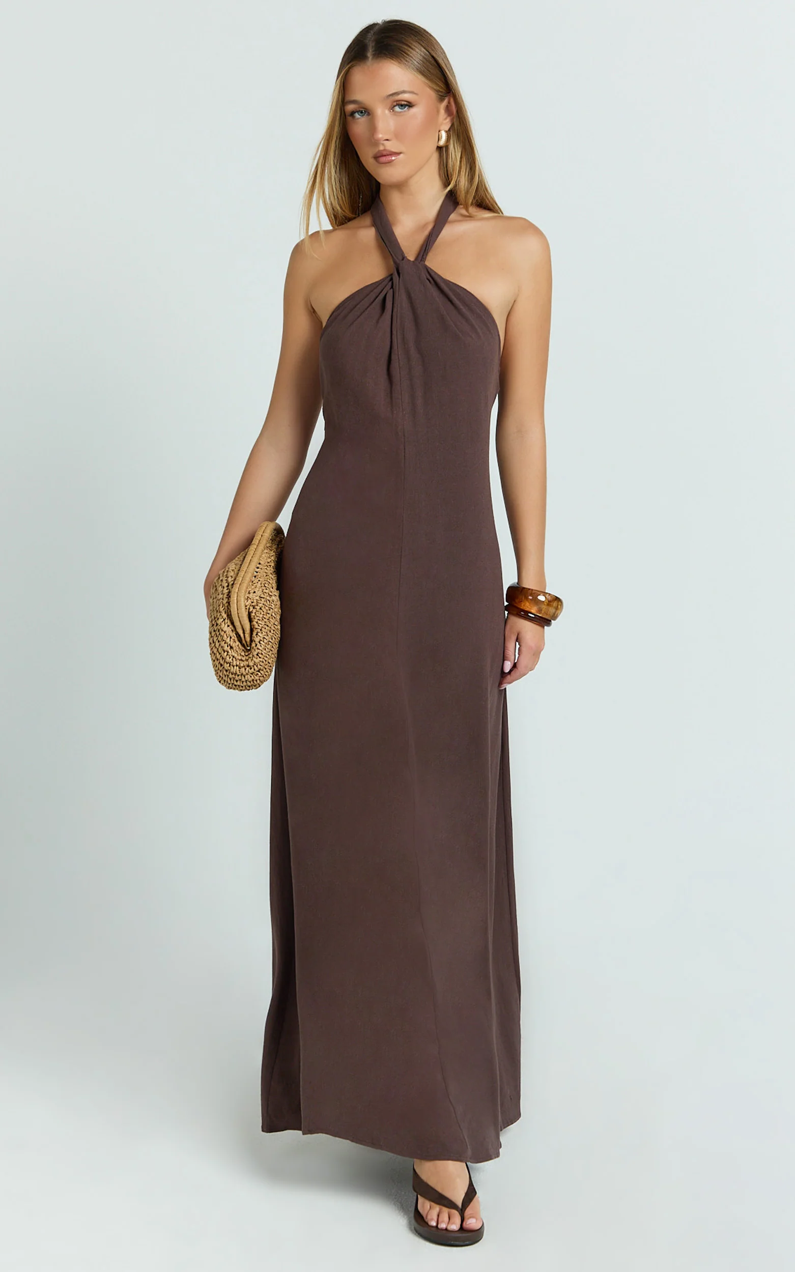 Hilda Maxi Dress - Knot Detail Halter Neck Maxi Dress in Chocolate