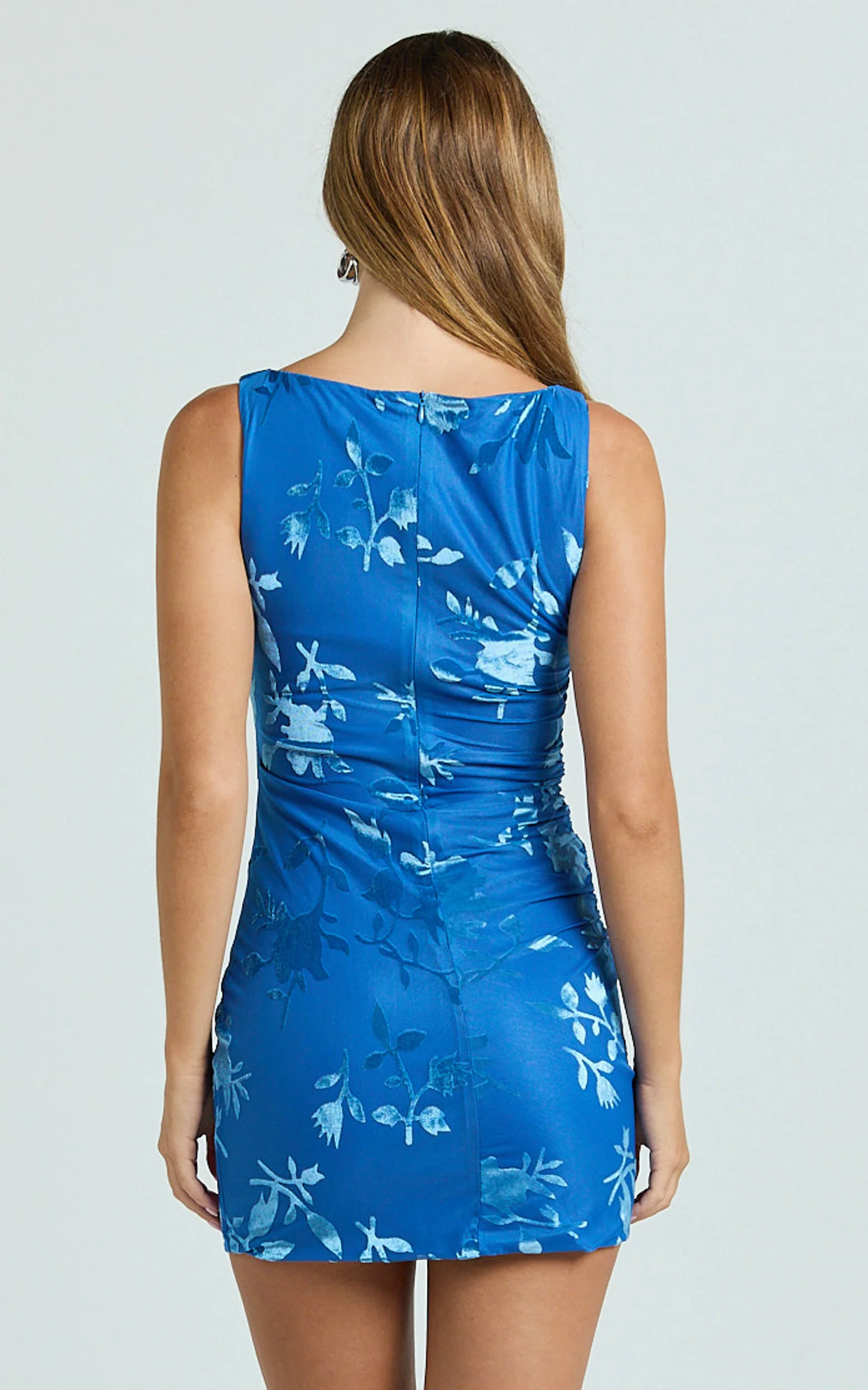 Inez Mini Dress - Boat Neck Ruched Bodycon Dress in Blue