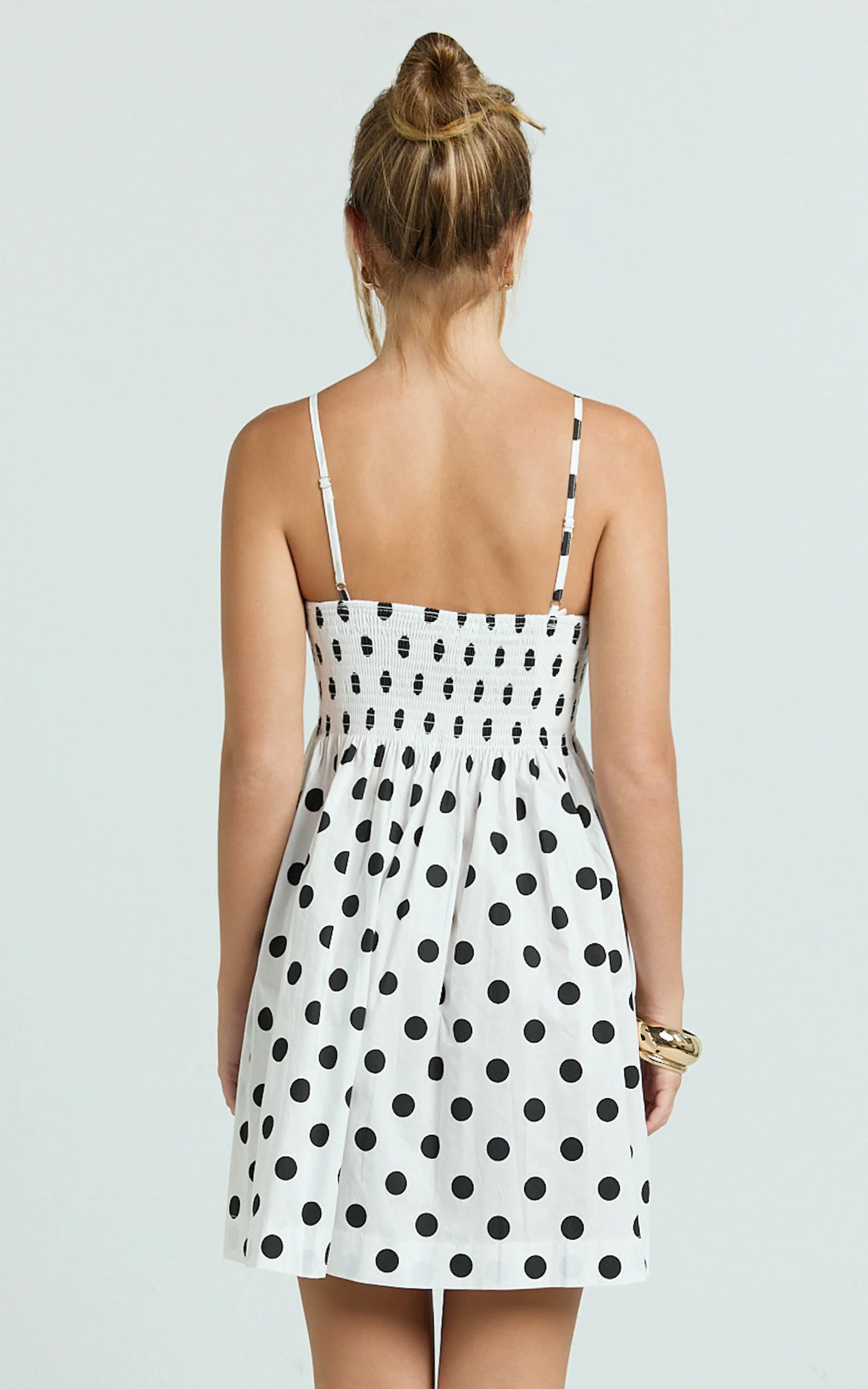 Sia Mini Dress - Sleeveless Straight Neck A Line Dress in White with Black spot