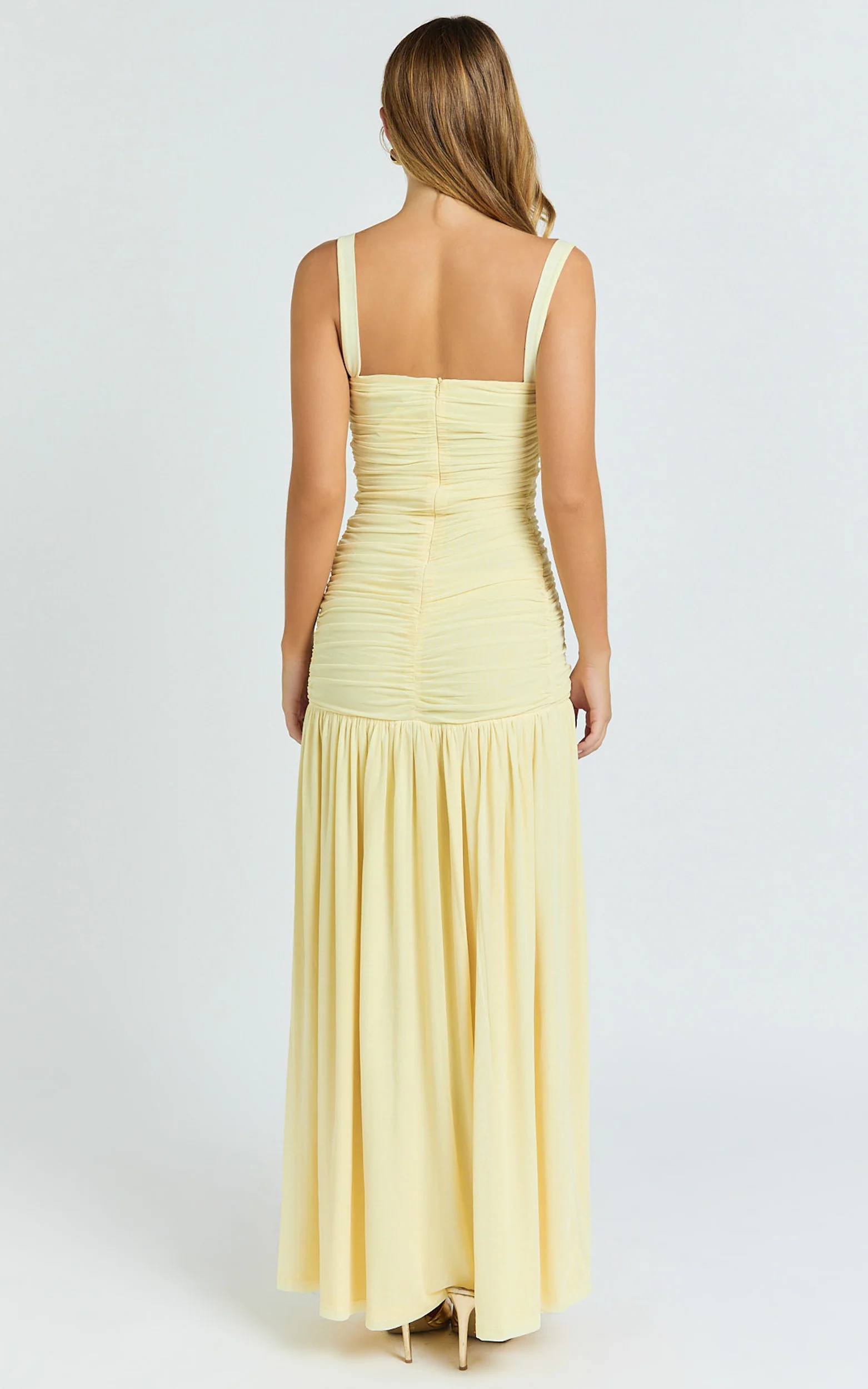Cardi Maxi Dress - Ruched Mesh High Leg Split Dress in Lemon