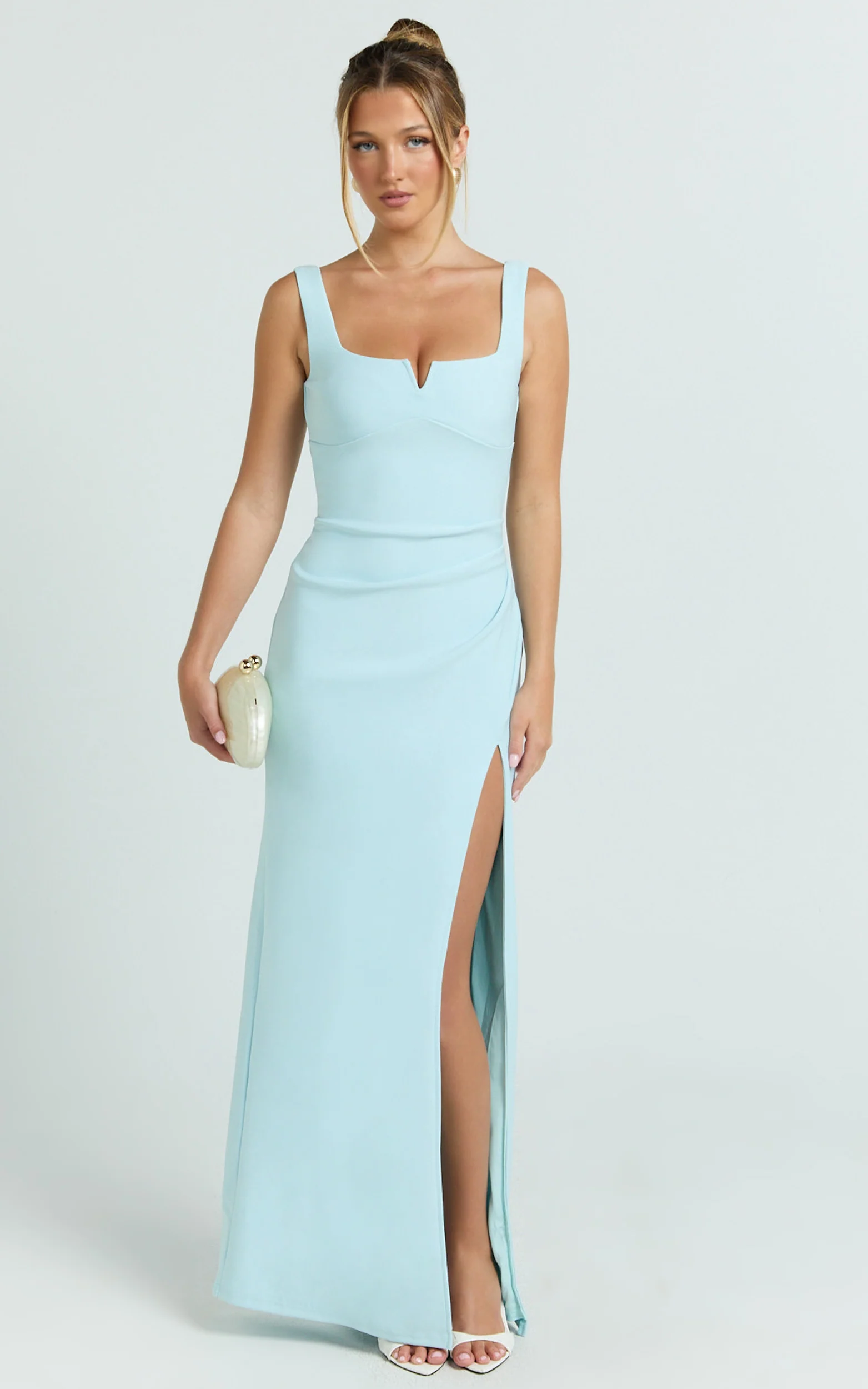 Thelma Maxi Dress - Square Neck Bodycon Dress in Light Blue