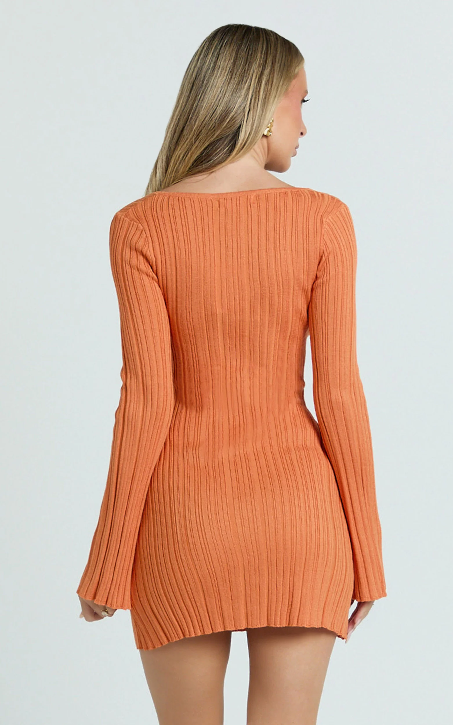 Simona Mini Dress - Texture Stripe Knit Long Sleeve V Neck Metal Trim Dress in Orange