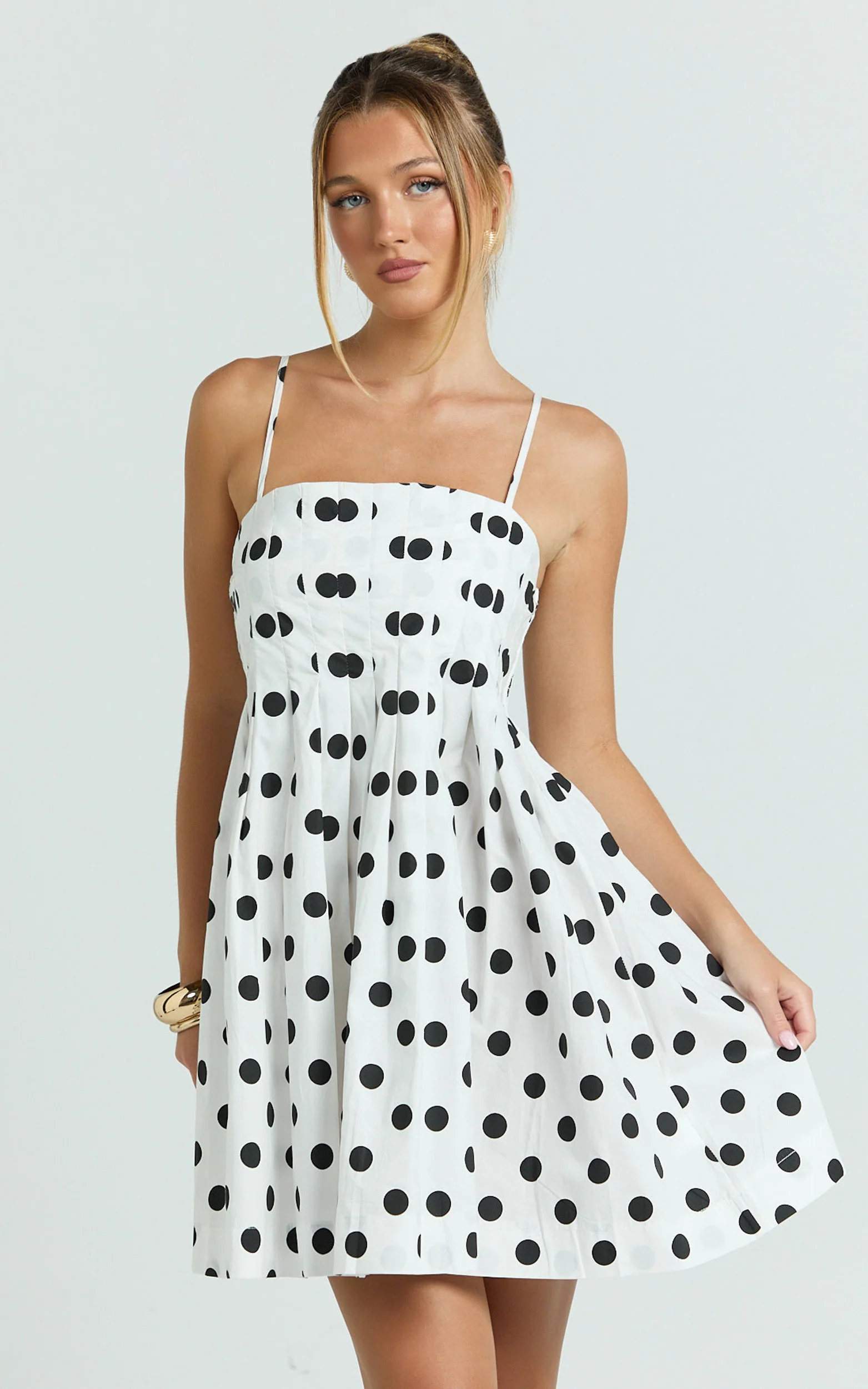 Sia Mini Dress - Sleeveless Straight Neck A Line Dress in White with Black spot