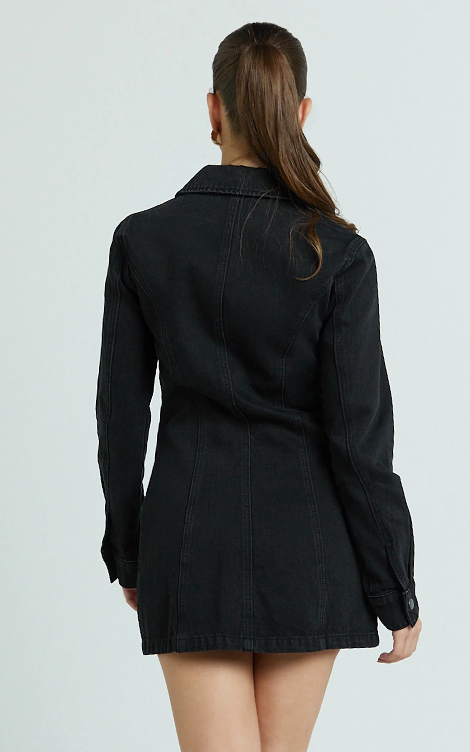 Shawn Mini Dress - Long Sleeve Button Down Denim Shirt Dress in Black