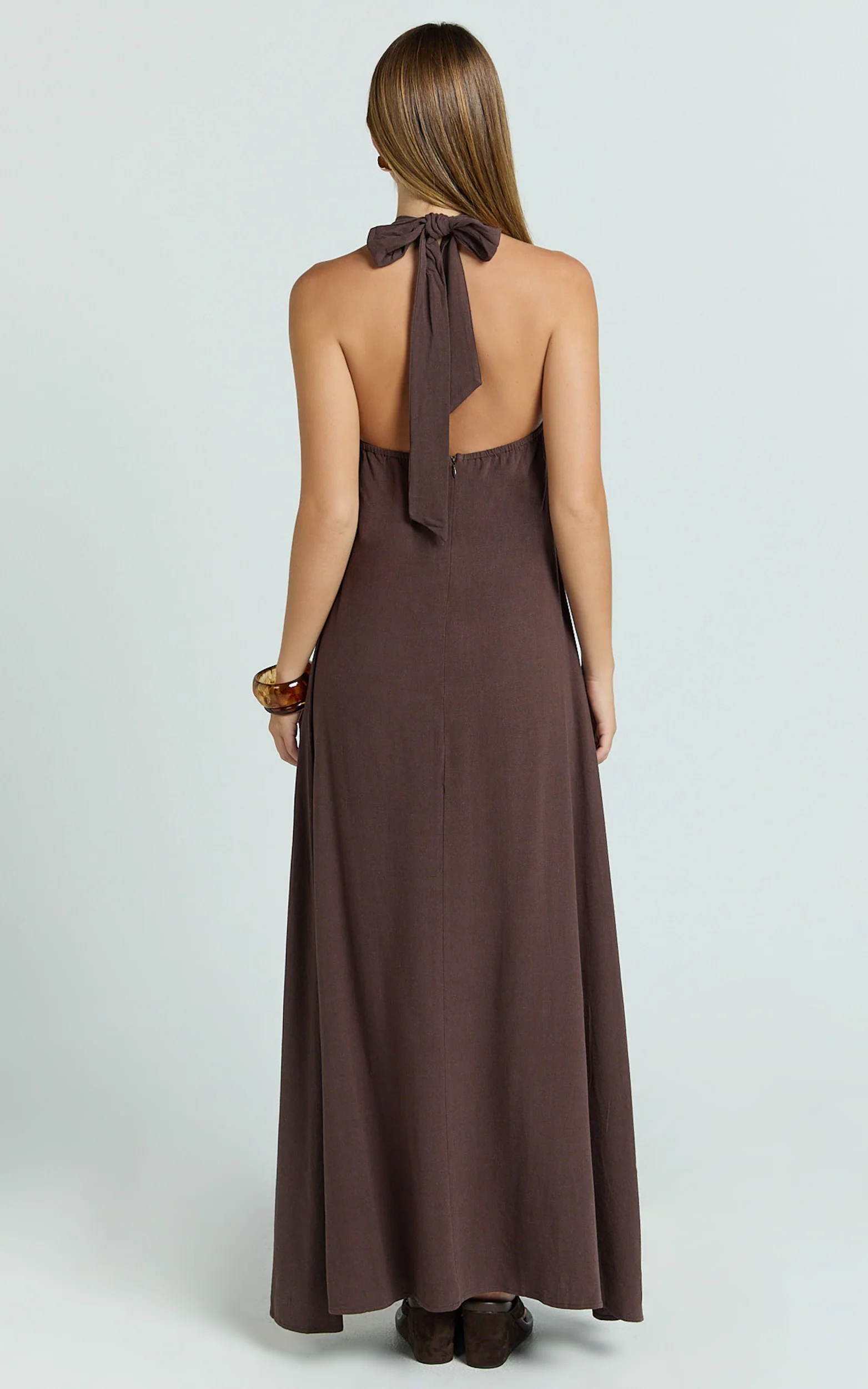 Hilda Maxi Dress - Knot Detail Halter Neck Maxi Dress in Chocolate