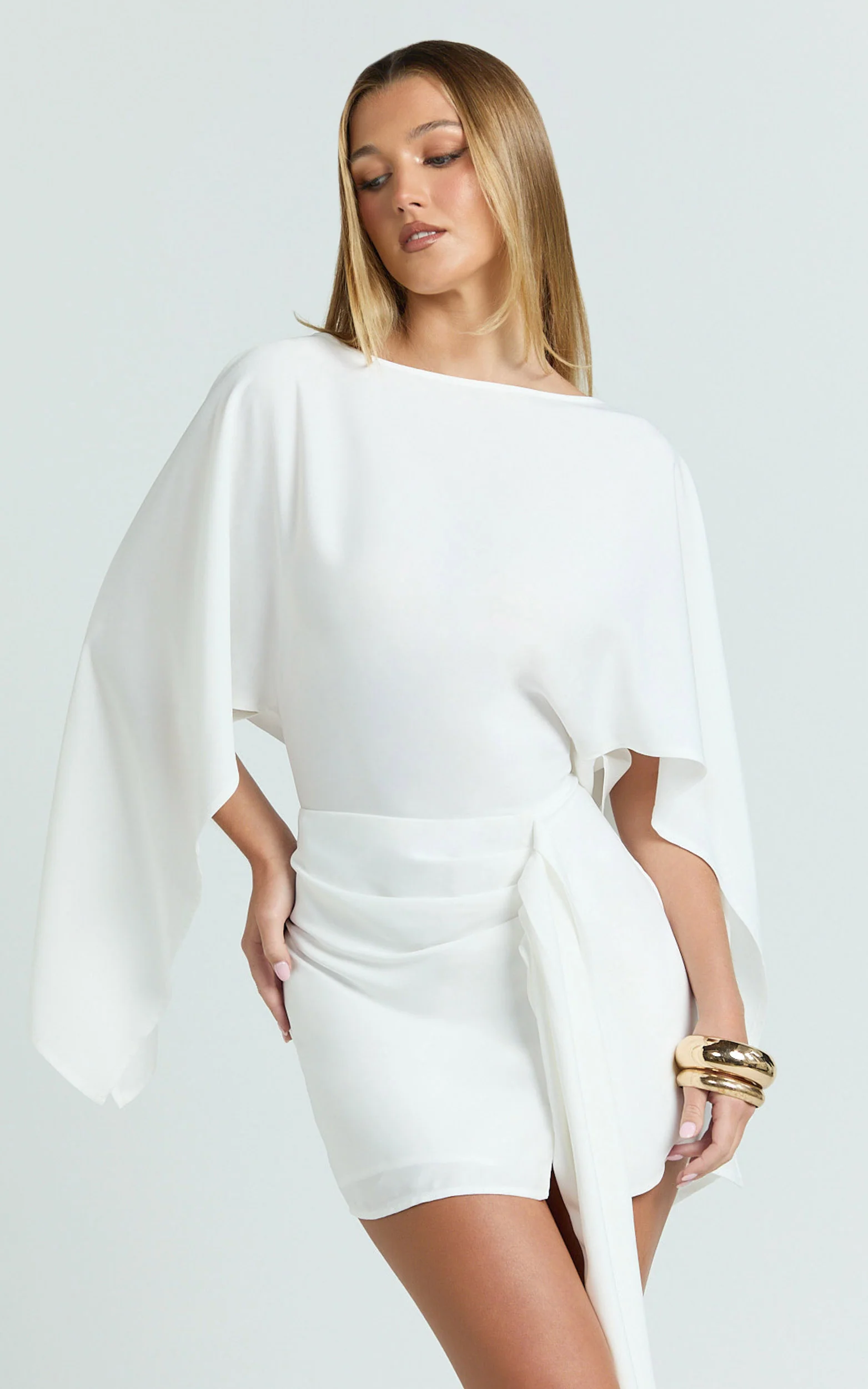 Zoey Mini Dress - Wide Sleeve Tie Skirt Dress in Ivory