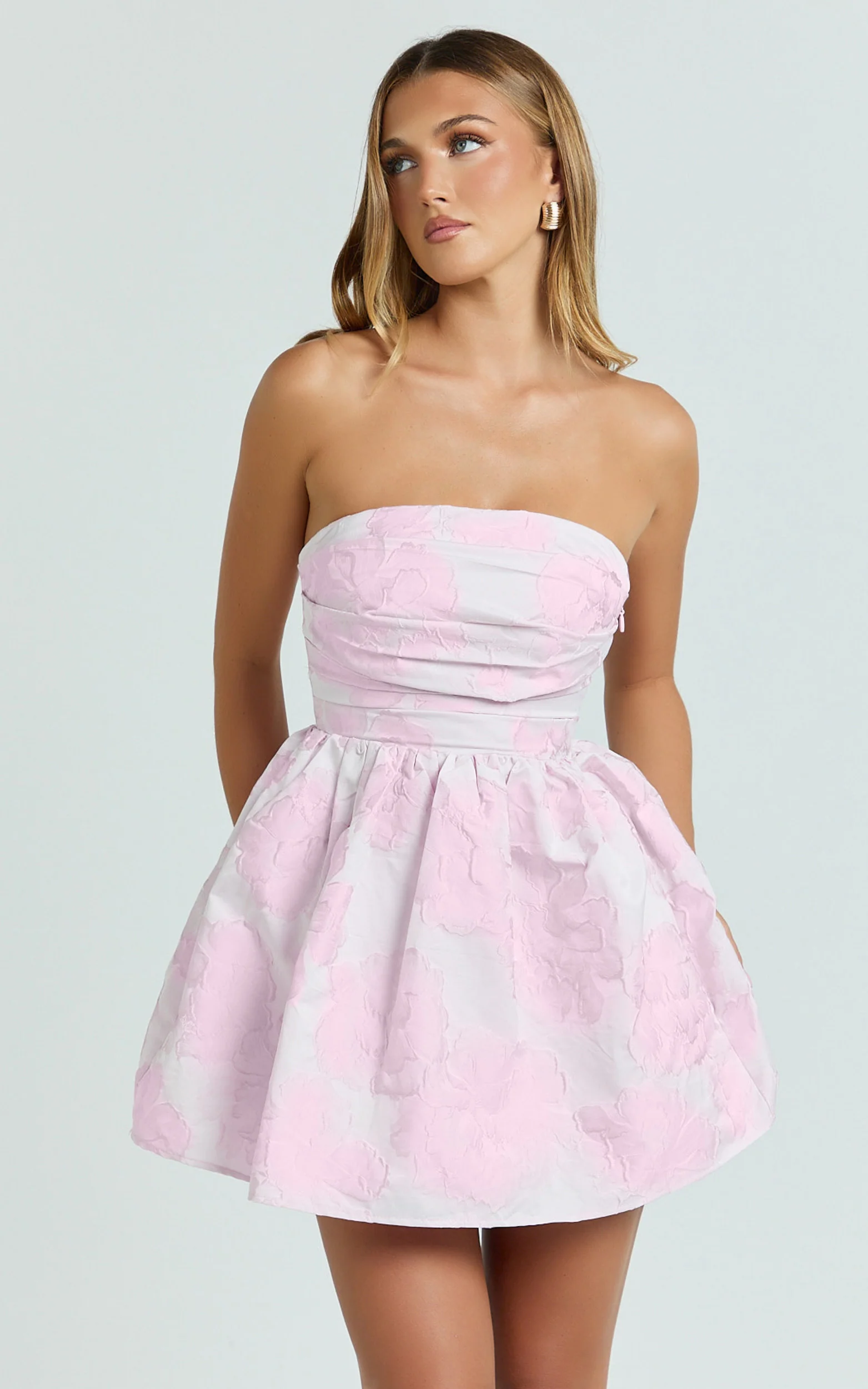Laure Mini Dress - Strapless Jacquard Dress in Pink