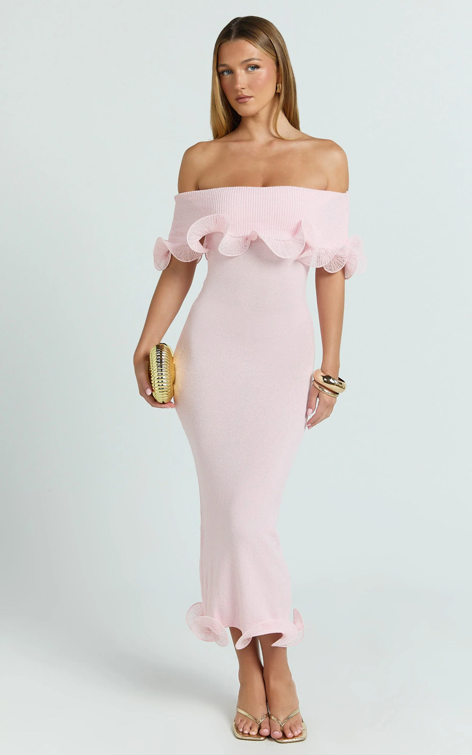 Winnie Maxi Dress - Off Shoulder Frilled Hem Knitted Dress in Baby Pink