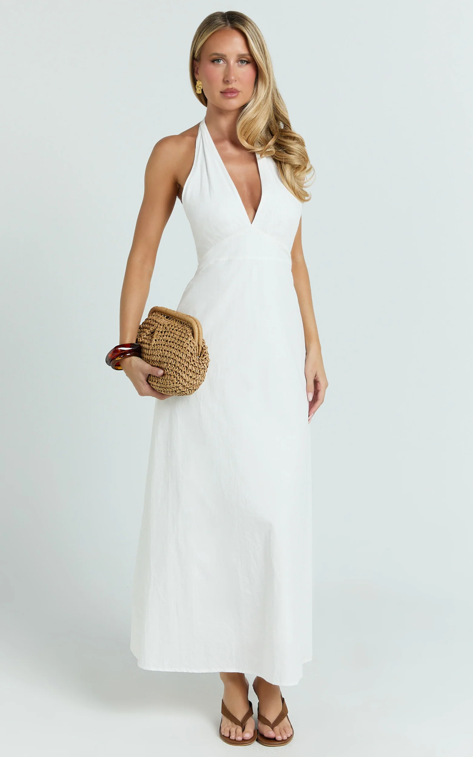 Connor Maxi Dress - Halter Neck Tie Back Dress in White