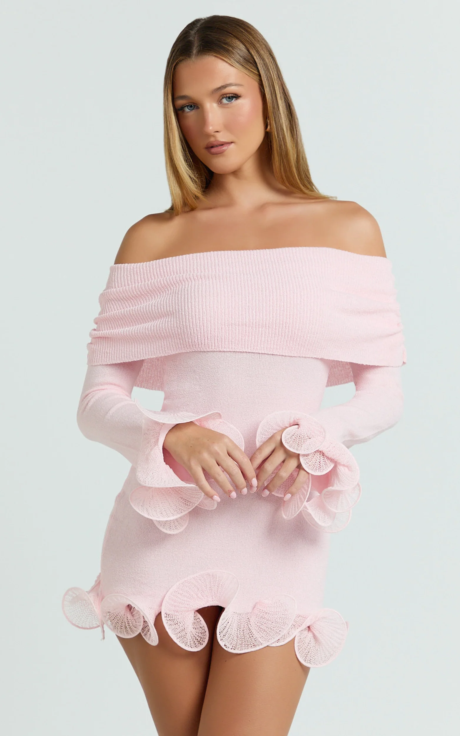 Estelle Mini Dress - Off Shoulder Long Sleeve Frilled Hem Fitted Dress in Baby Pink