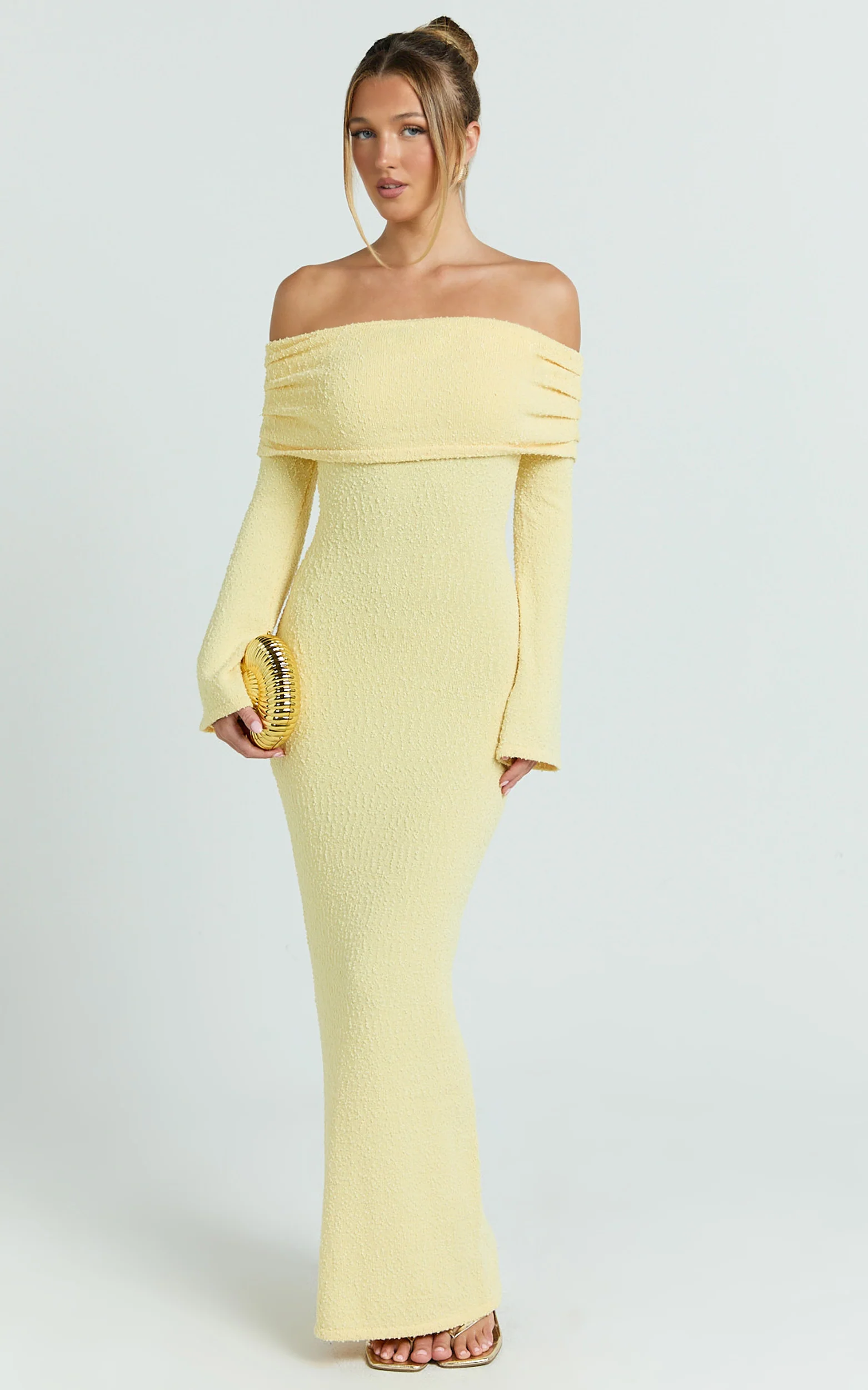 Pietra Maxi Dress - Knit Off Shoulder Dress in Lemon