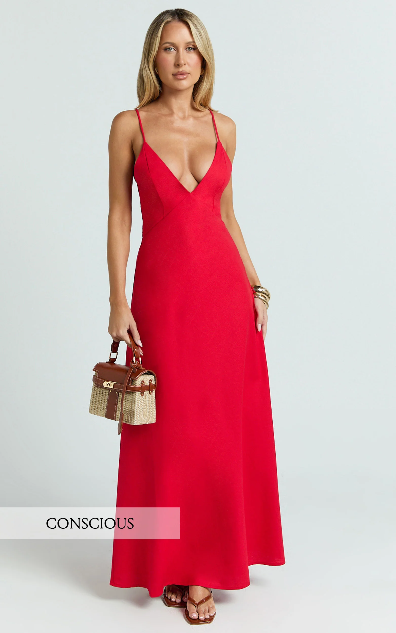 Hinata Maxi Dress - Linen Blend Slip Dress in Red