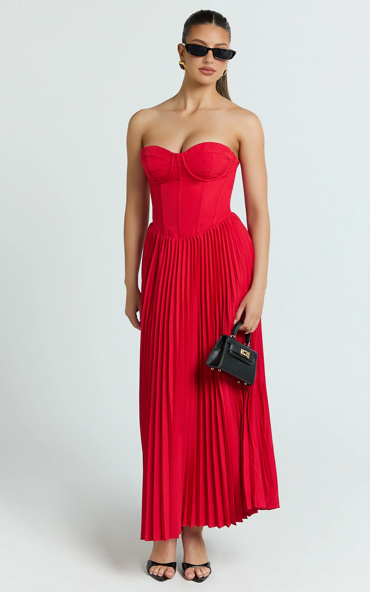 Loretta Midi Dress - Lace Up Back Bustier Pleated Dress in Red