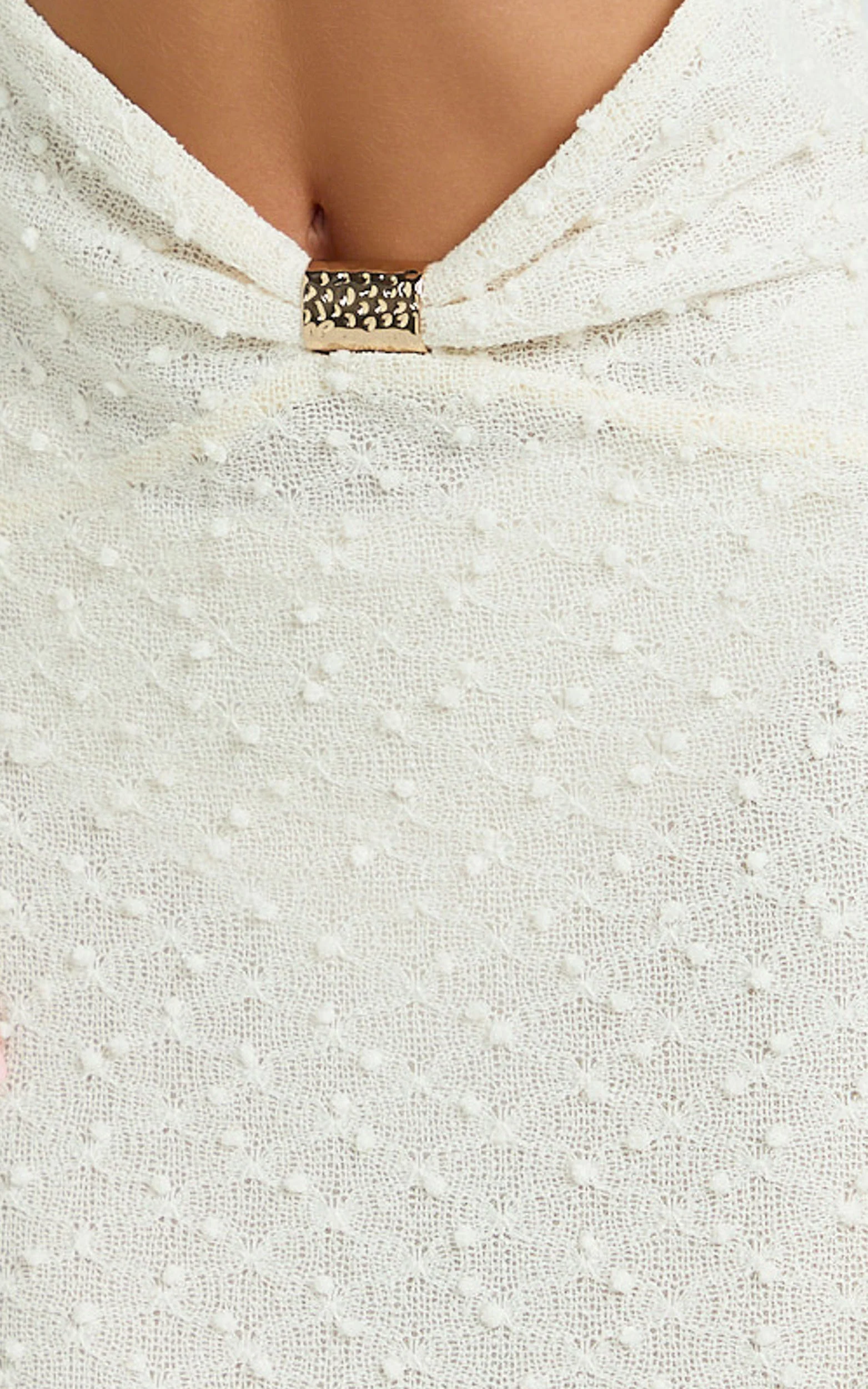 Romy Maxi Dress - Off Shoulder Long Sleeve Cut Out Gold Trim Fitted Dress in Ivory