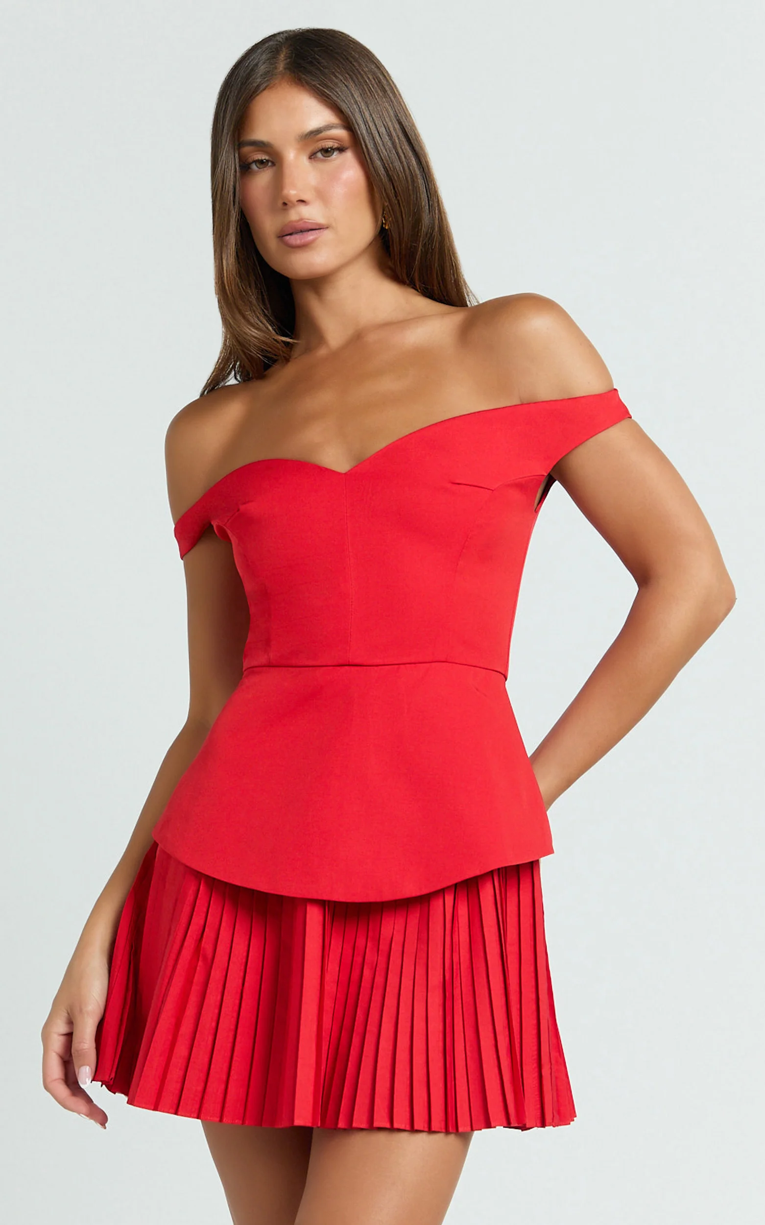 Izara Mini Dress - Off Shoulder Pleated Dress in Red