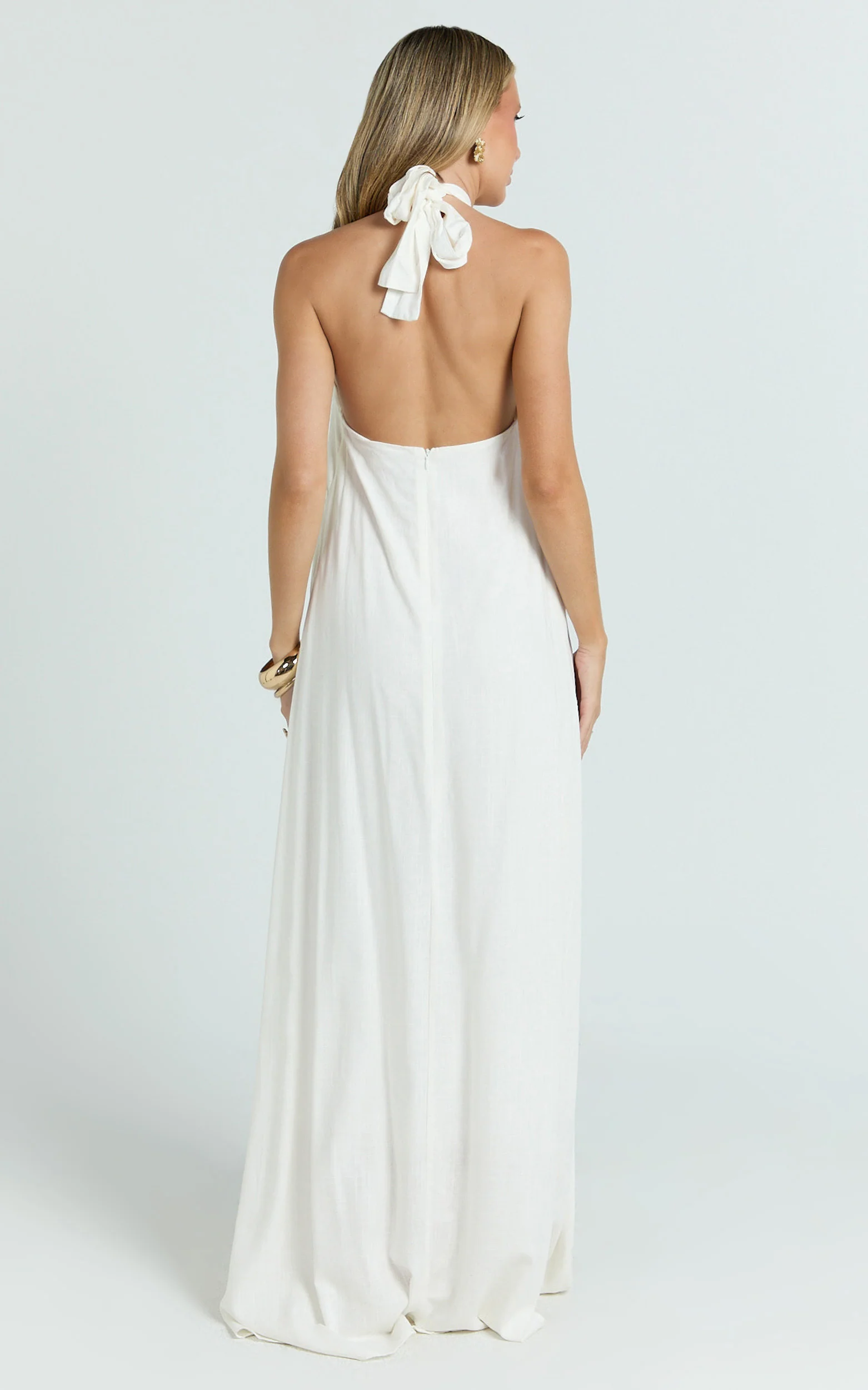 Jhazmine Maxi Dress - Halterneck Linen Gold Trim Dress in Off White
