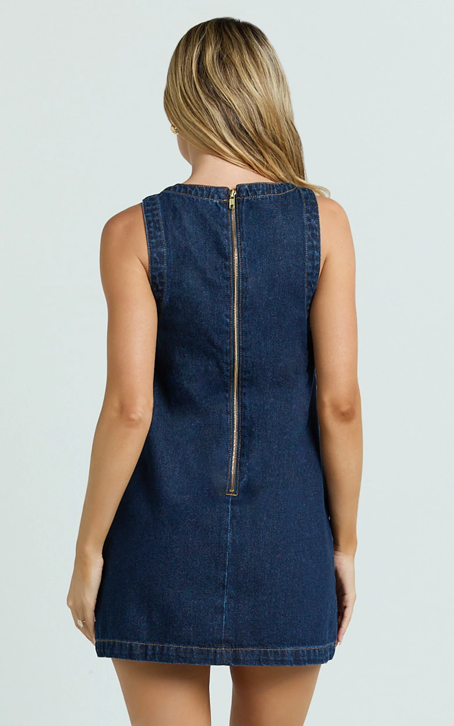 Leia Mini Dress - High Neck Mock Button Down Mini Dress in Dark Blue Wash