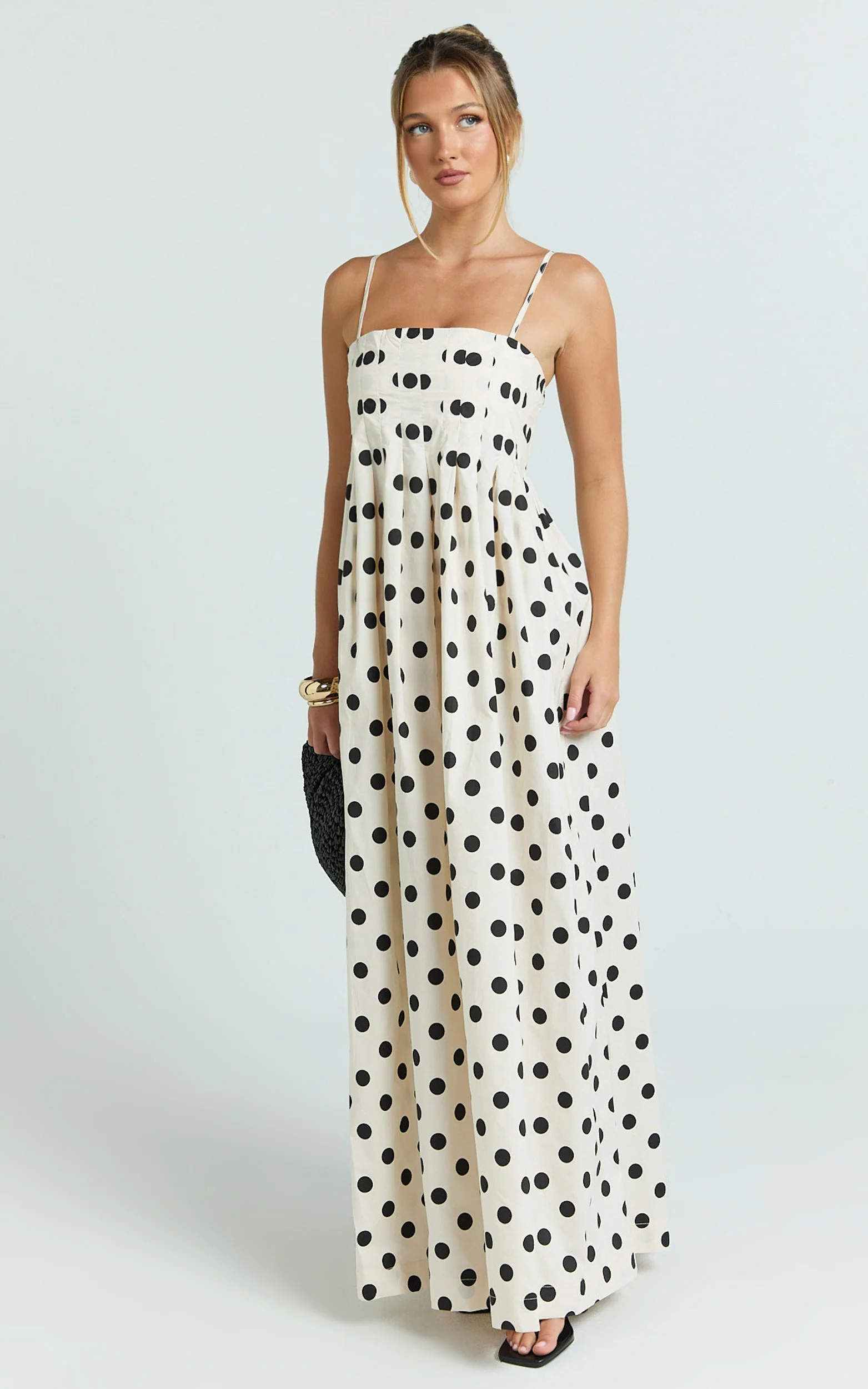 Sia Maxi Dress - Sleeveless Straight Neck A Line Dress in Beige Black Spot