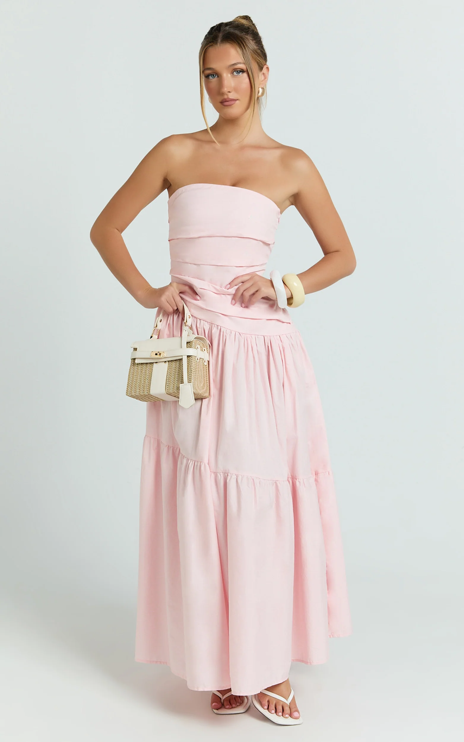 Cora Midi Dress - Strapless Dress in Pink