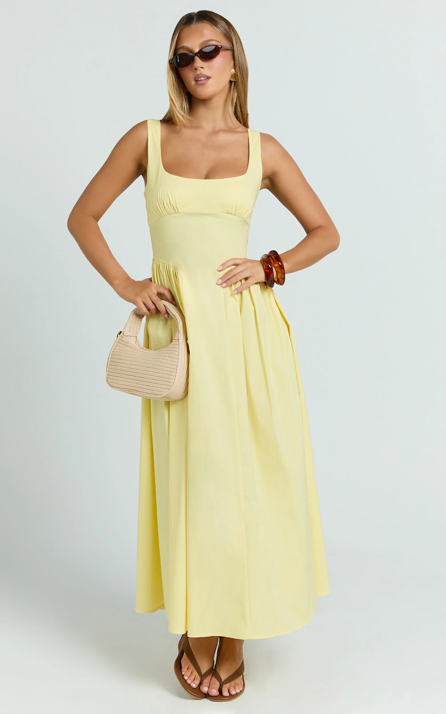 Donatella Midi Dress - Ruched Bust Fit And Flare Dress in Lemon