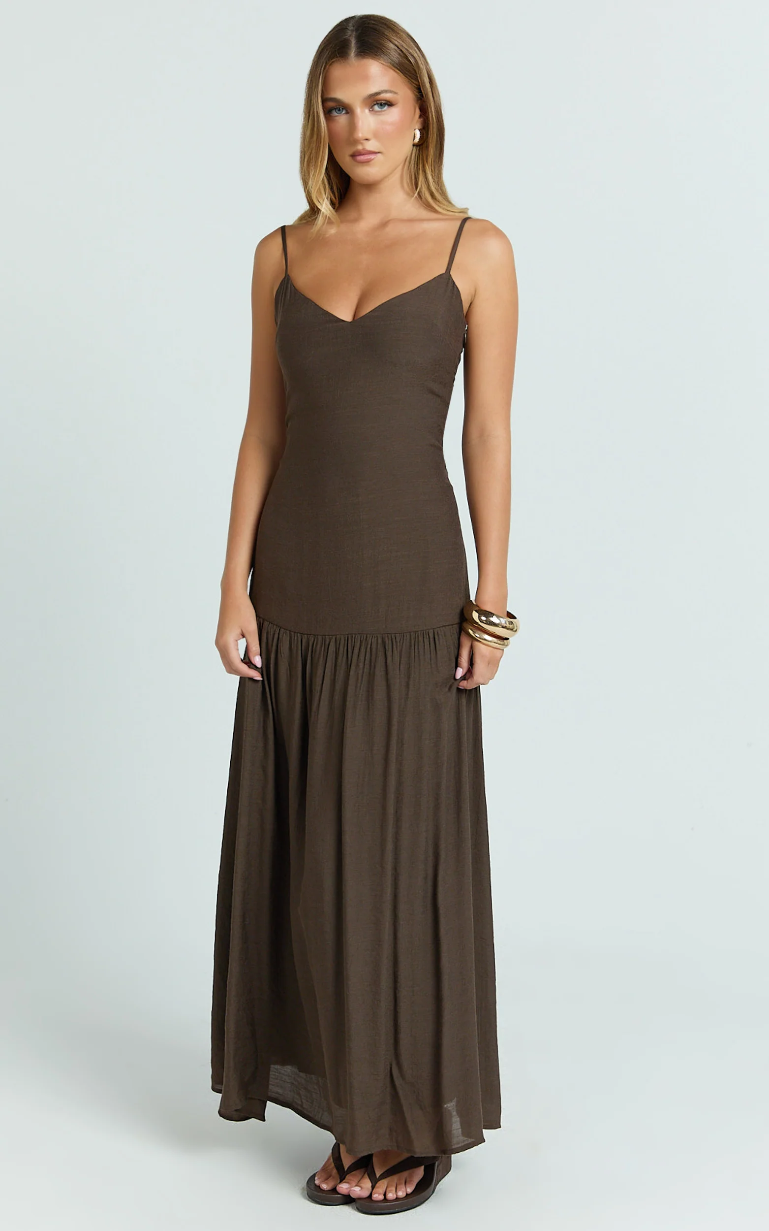 Collins Maxi Dress - V Neck Dropped Waist Gathered Maxi Dress in Chocolate