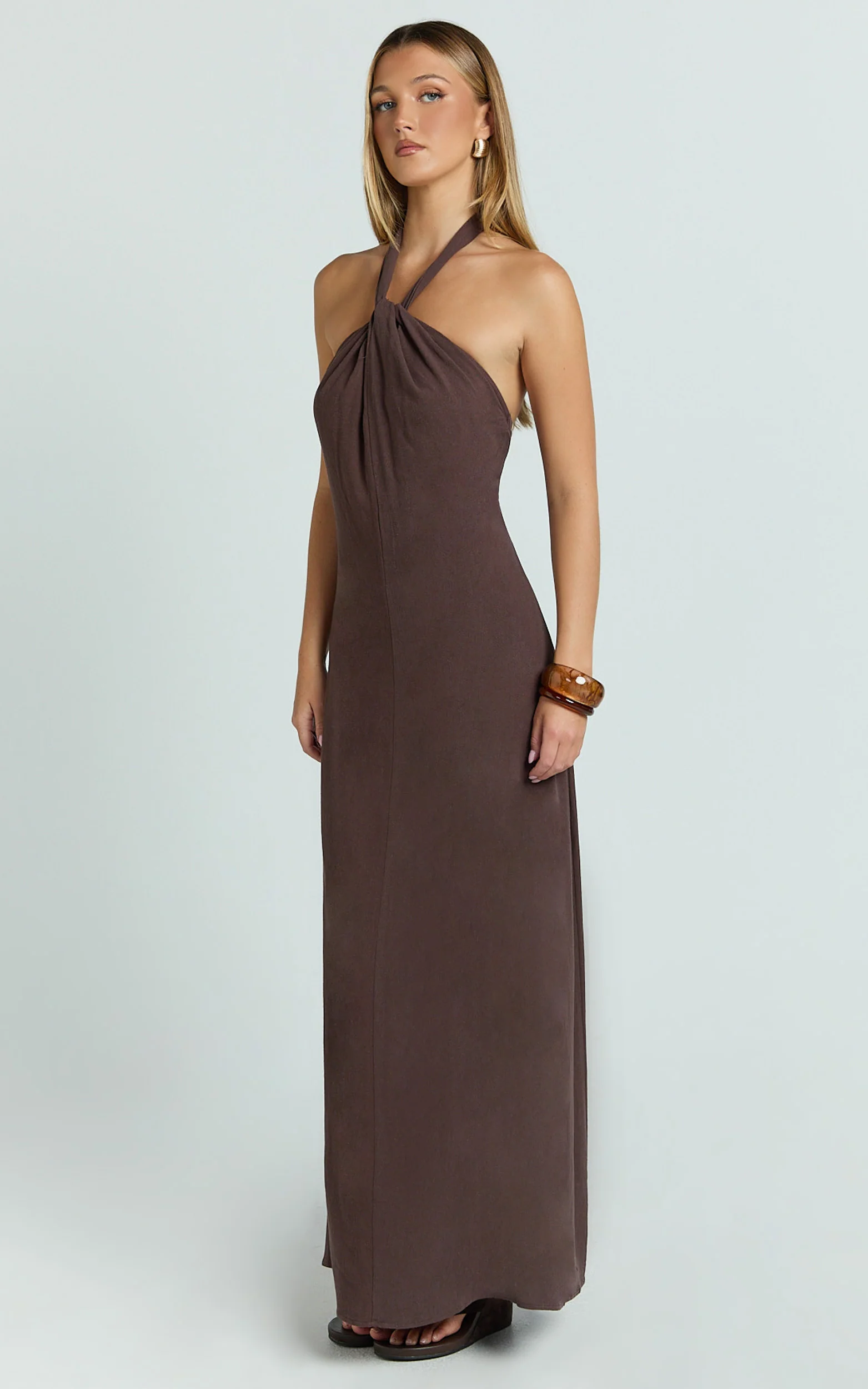 Hilda Maxi Dress - Knot Detail Halter Neck Maxi Dress in Chocolate