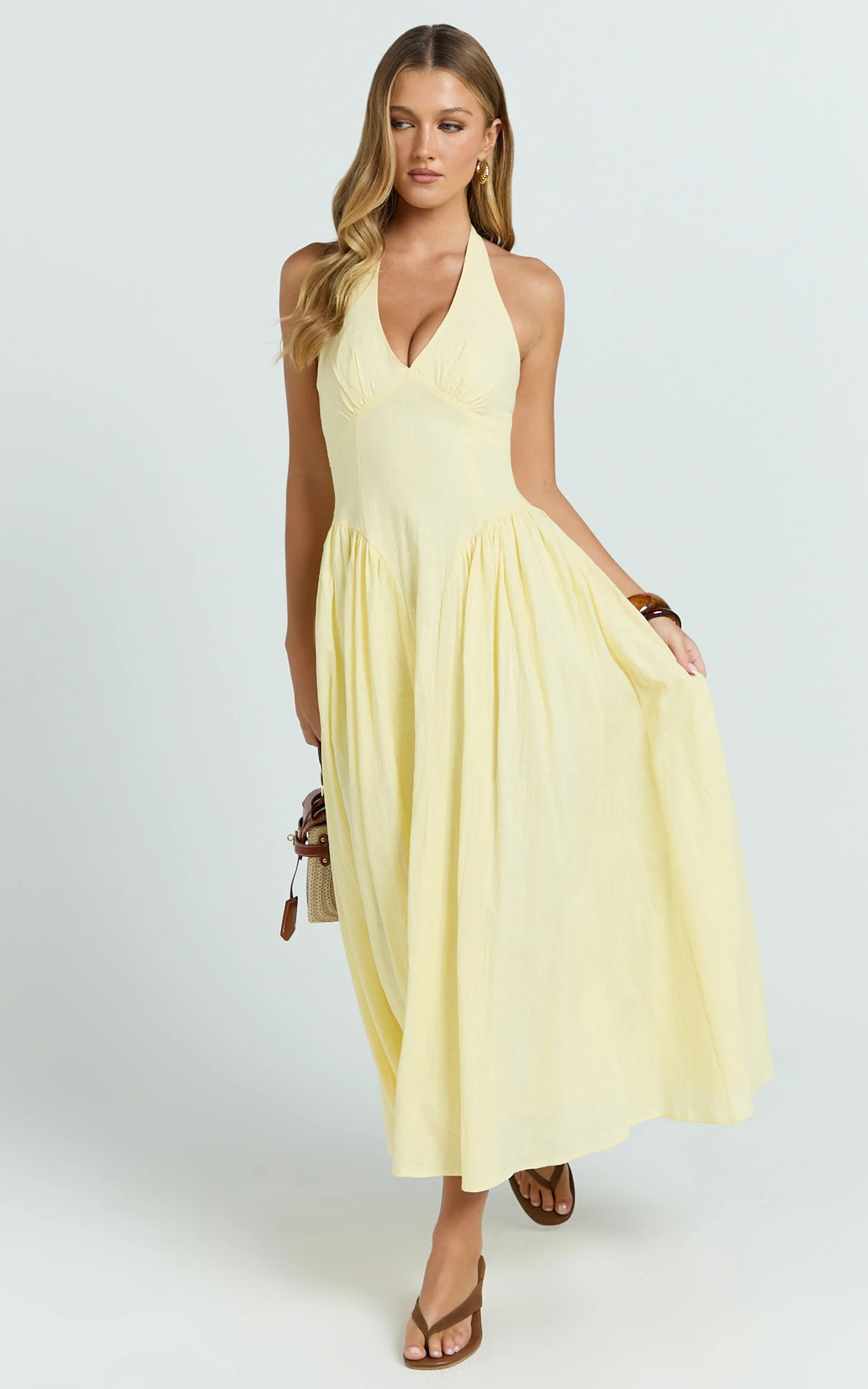 Athena Midi Dress - Halter Drop Waist Dress in Lemon