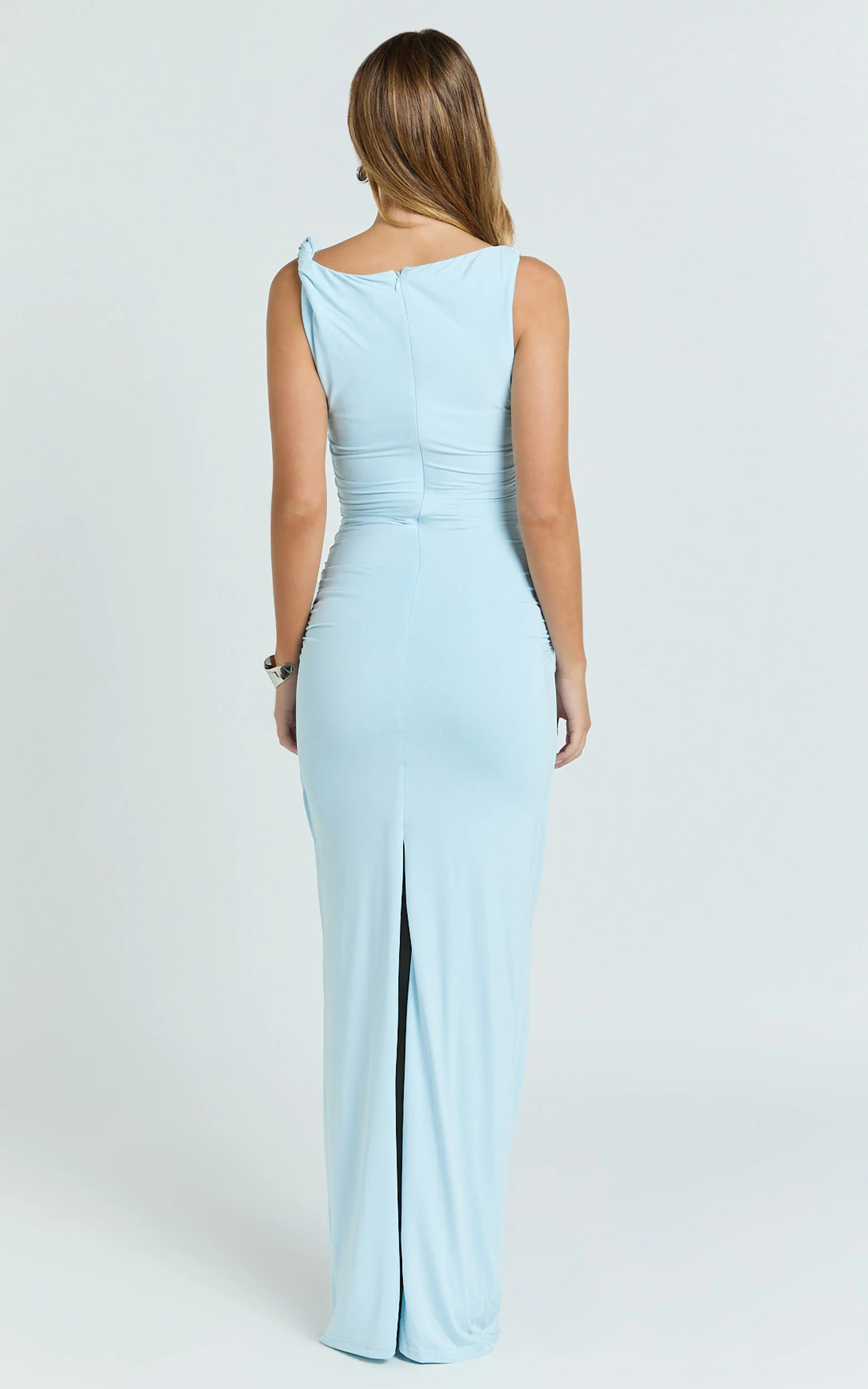 Ginny Maxi Dress - Jersey Ruched V Waist Dress in Blue
