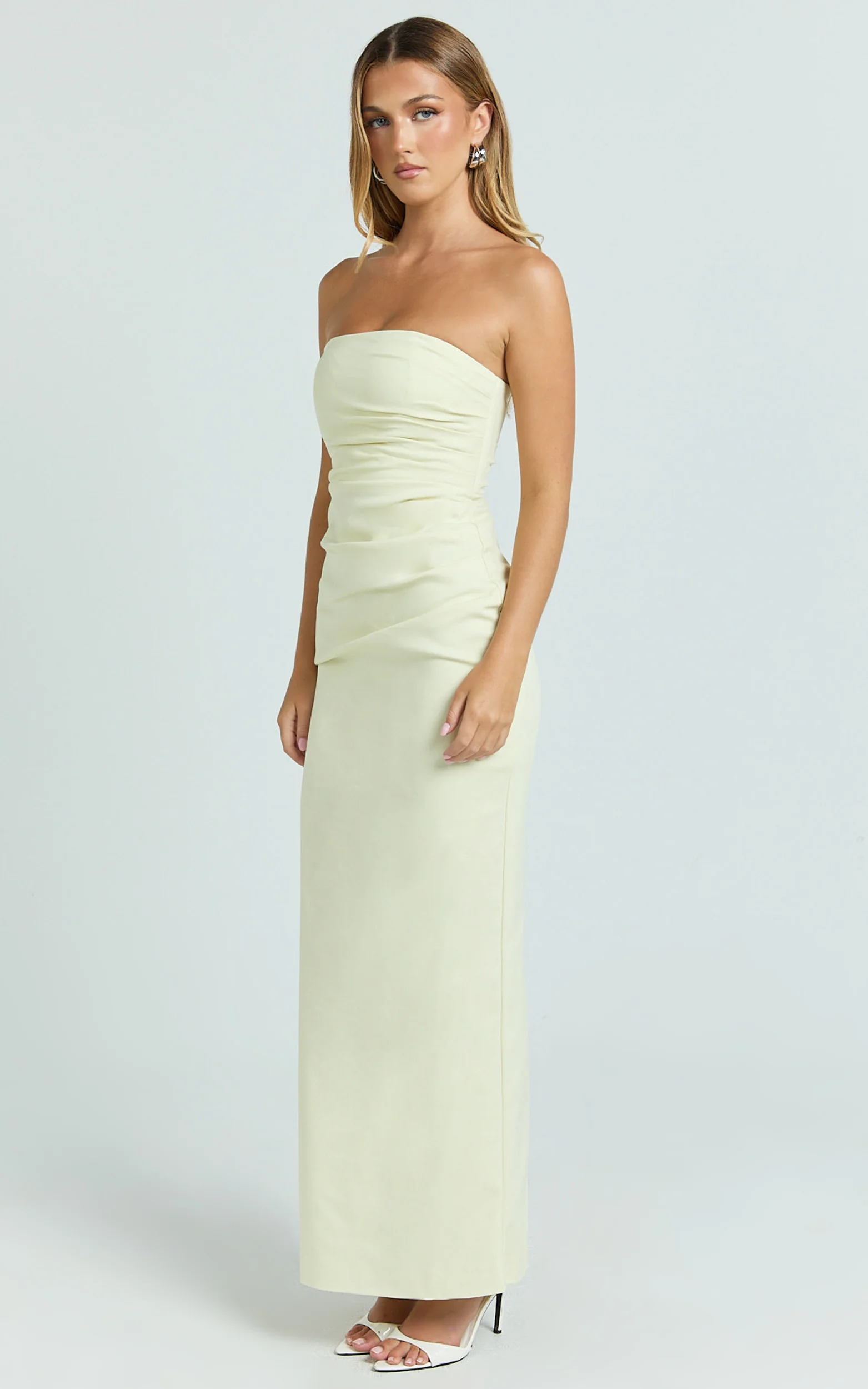Jamie Midi Dress - Strapless Ruched Fitted Column Dress in Lemon
