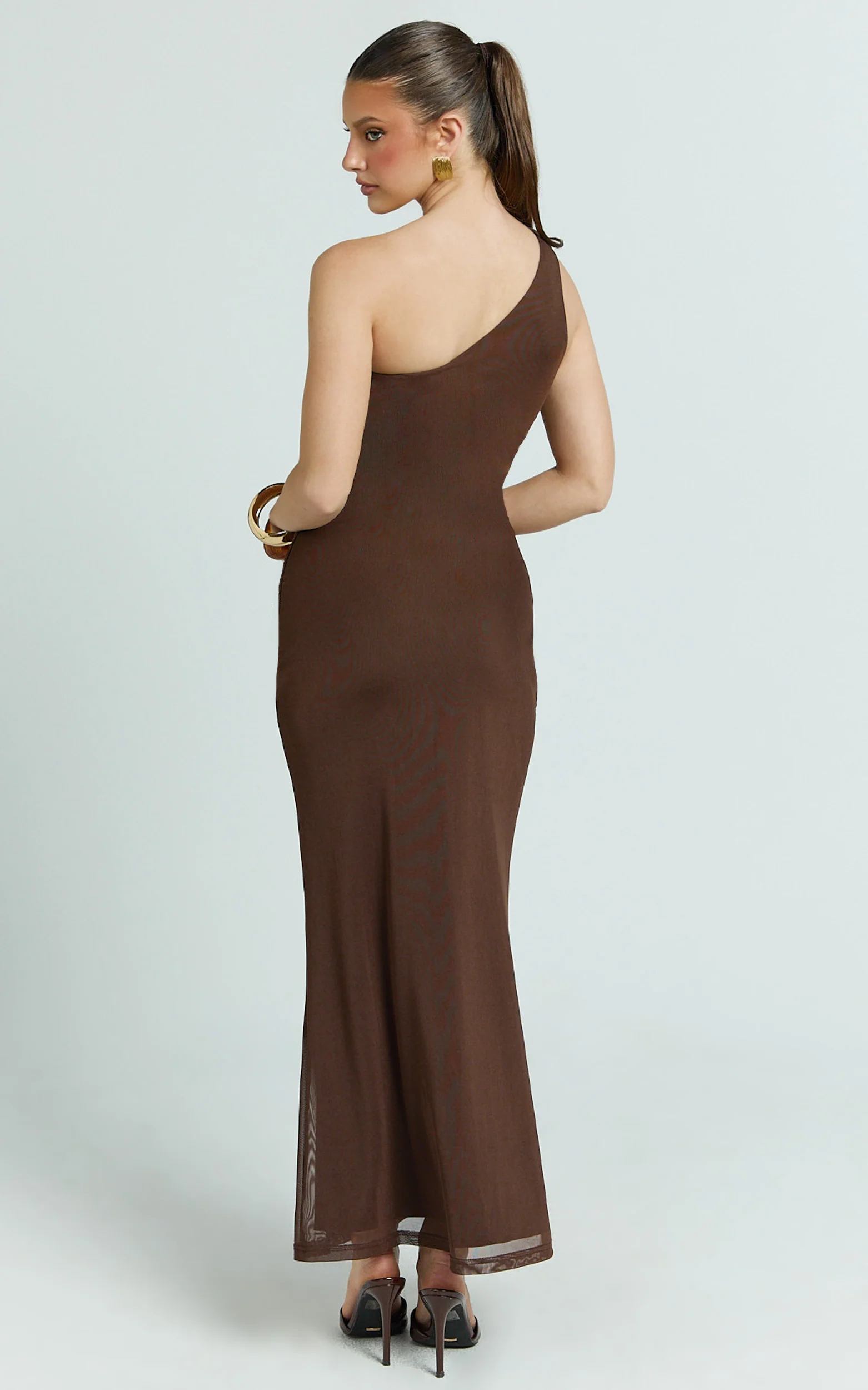 Mandy Midi Dress - Knot Detail Cut Out Mesh Dress in Chocolate